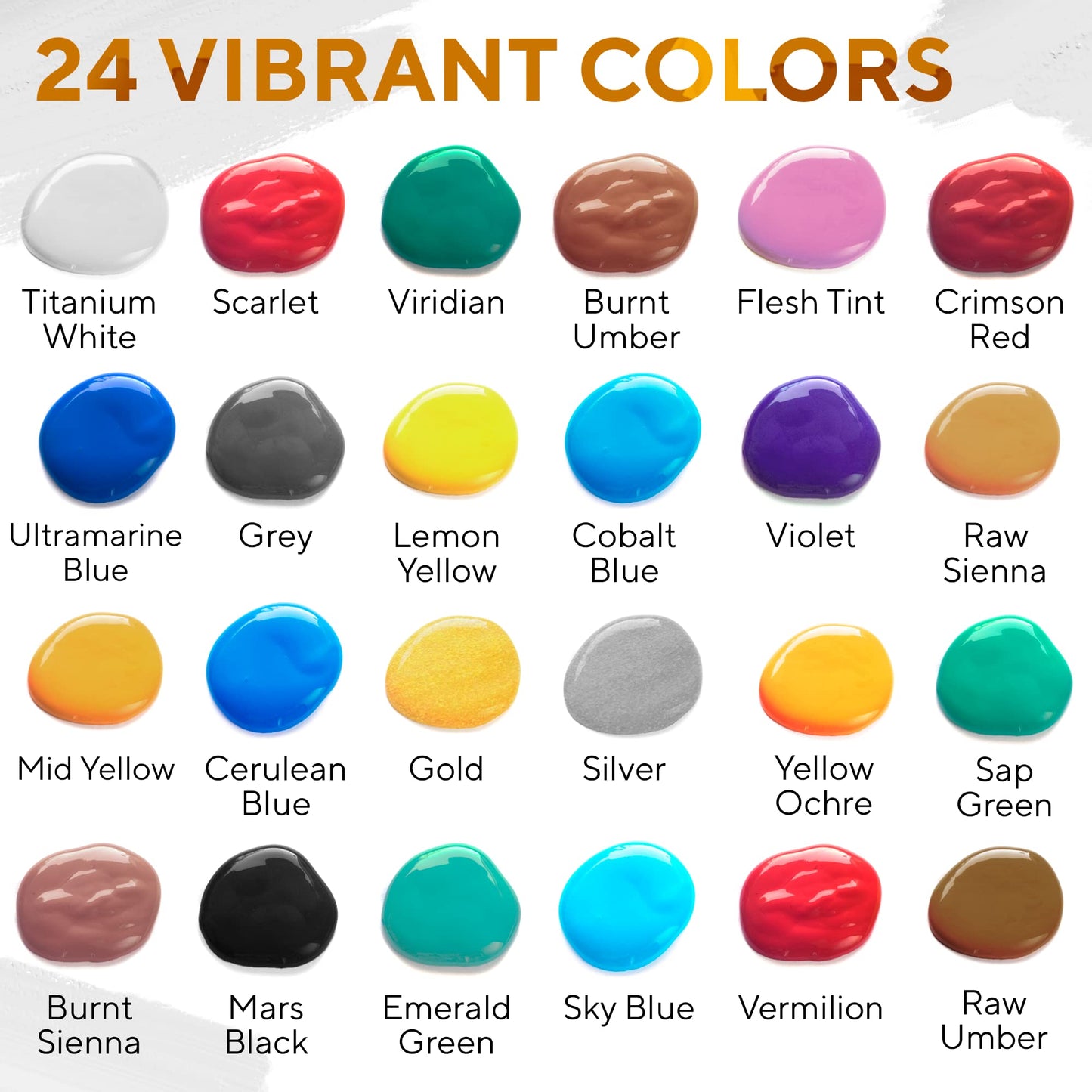 Premium Quality Acrylic Paint Set 24 Colors - 1.28oz (38ml) - with 6 Nylon Brushes - Safe for Kids & Adults - Perfect Kit for Beginners, Pros & Artists to Create Amazing Paintings and Artwork