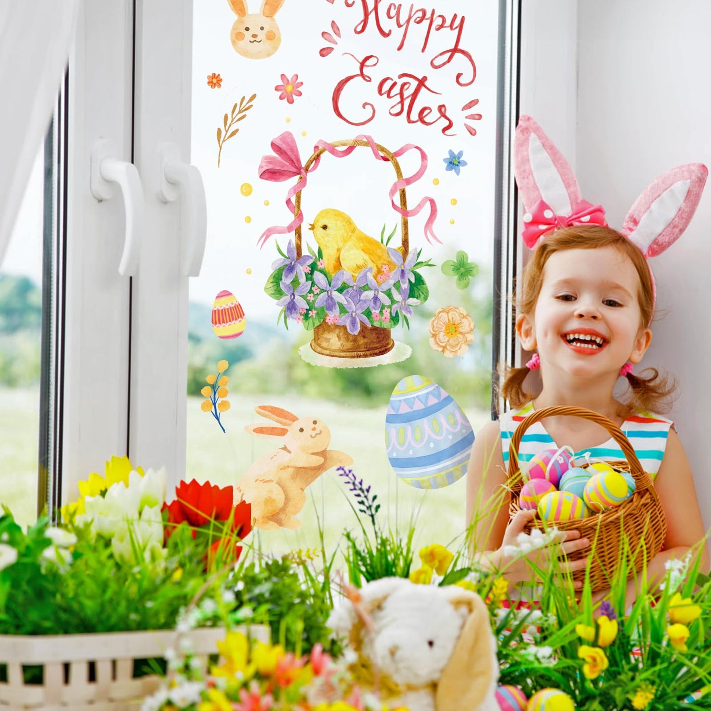 Easter Decorations Window Clings Decals Decor, 9 Sheets Large Easter Eggs Flowers Bunny Party Supplies Gifts, Double Sided Spring Window Clings Decorations for Kids School Home Office