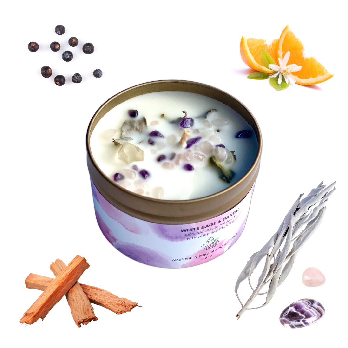 White Sage Smudge Candle with Rose Quartz and Amethyst Gemstone Crystals 100% Natural Soy Wax Scented with Essential and Fragrance Oils