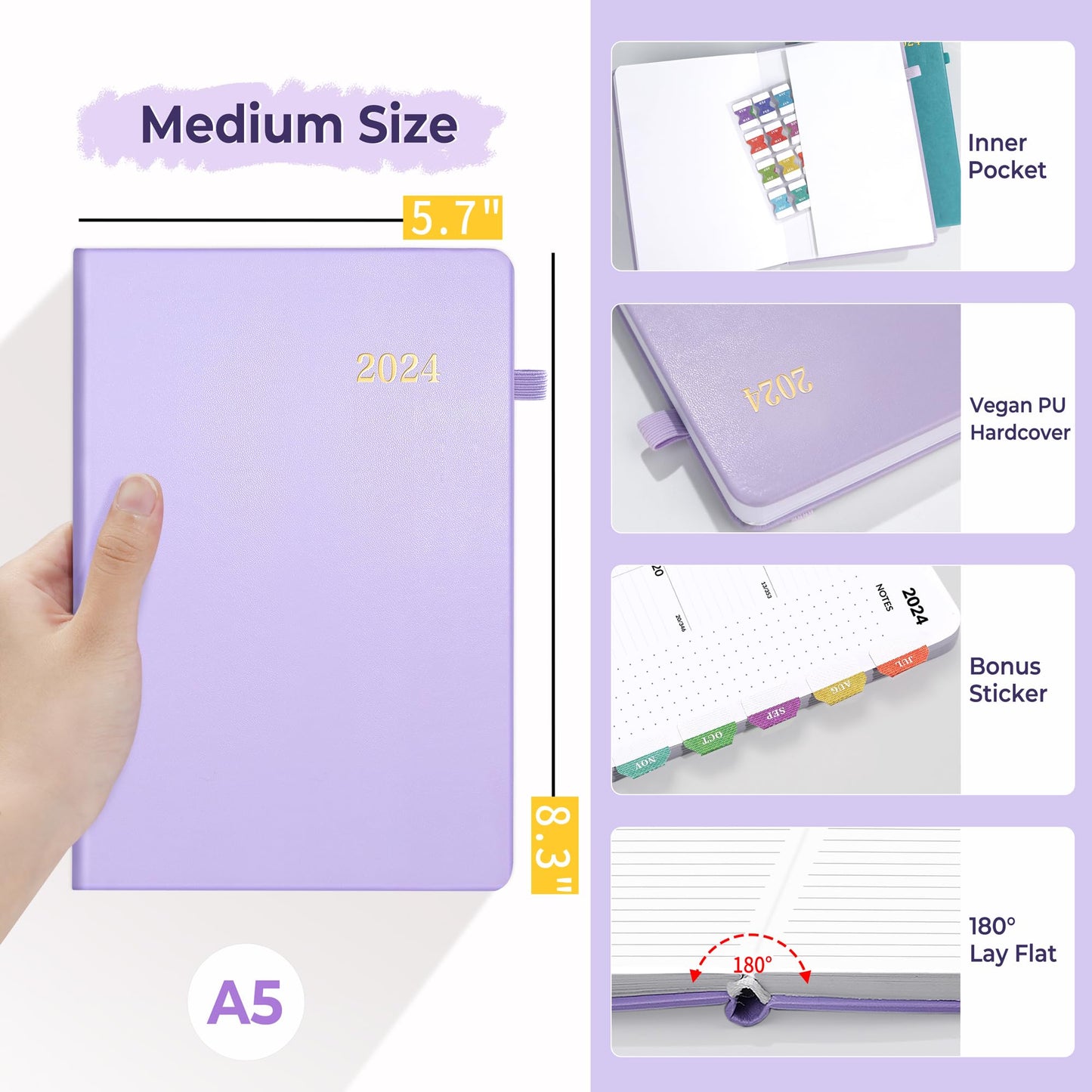 SUNEE 2024 Weekly & Monthly Hardcover Planner 5.5" x 8.3" - 12 Month (January 2024 - December 2024), Small Hardcover Planner, Pocket, Notes, 100 GSM Paper, Monthly Sticker, Purple