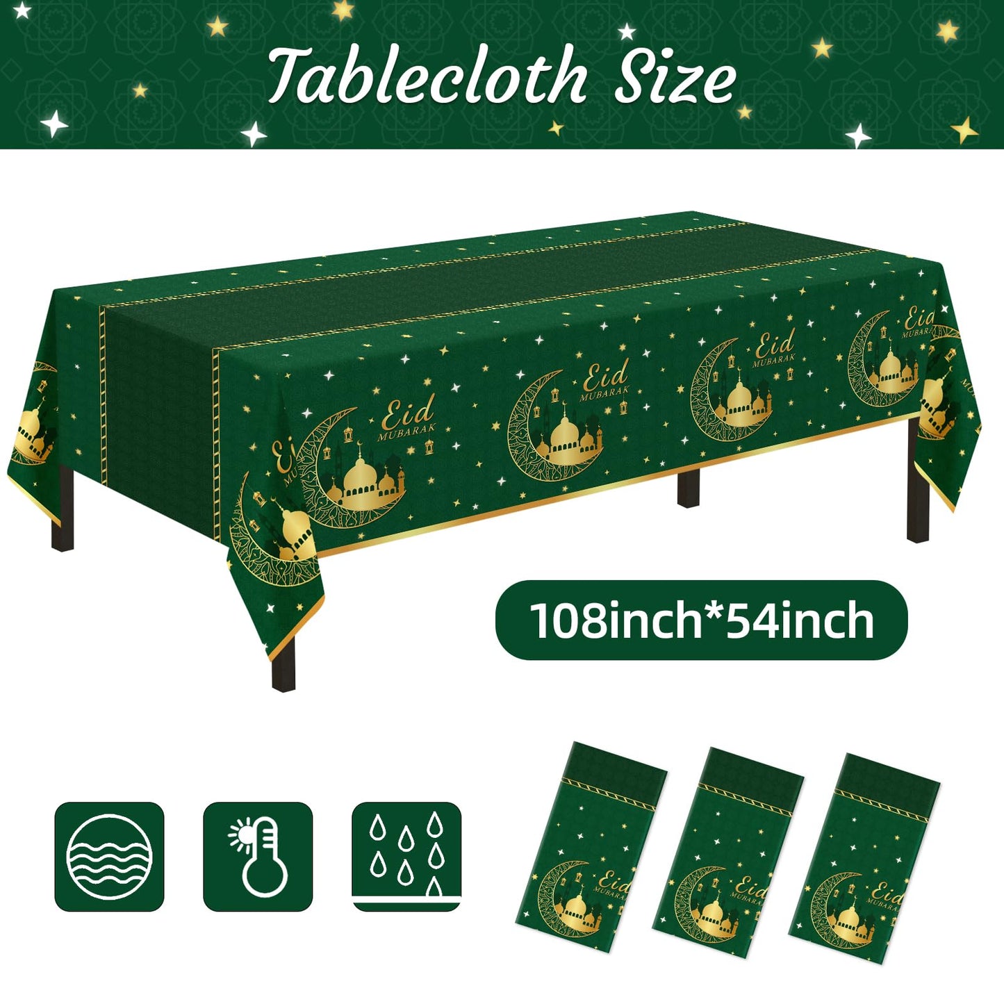 Childom 3 Pack Ramadan Mubarak Tablecloths for Eid Mubarak Decorations, 54" x 108" Plastic Disposable Happiness Ramadan Eid Al-fitr Party Table Covers for Rectangle Tables Ramadan Party Favors(Green)