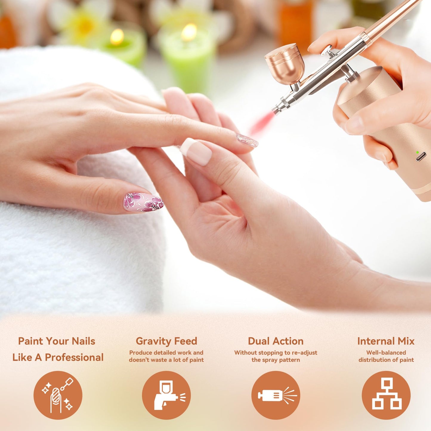 Airbrush Kit With Compressor - 48PSI Rechargeable Cordless Non-Clogging High-Pressure Air Brush Set with 0.3mm Nozzle and Cleaning Brush Set for Nail Art, Makeup, Painting, Cake Decor