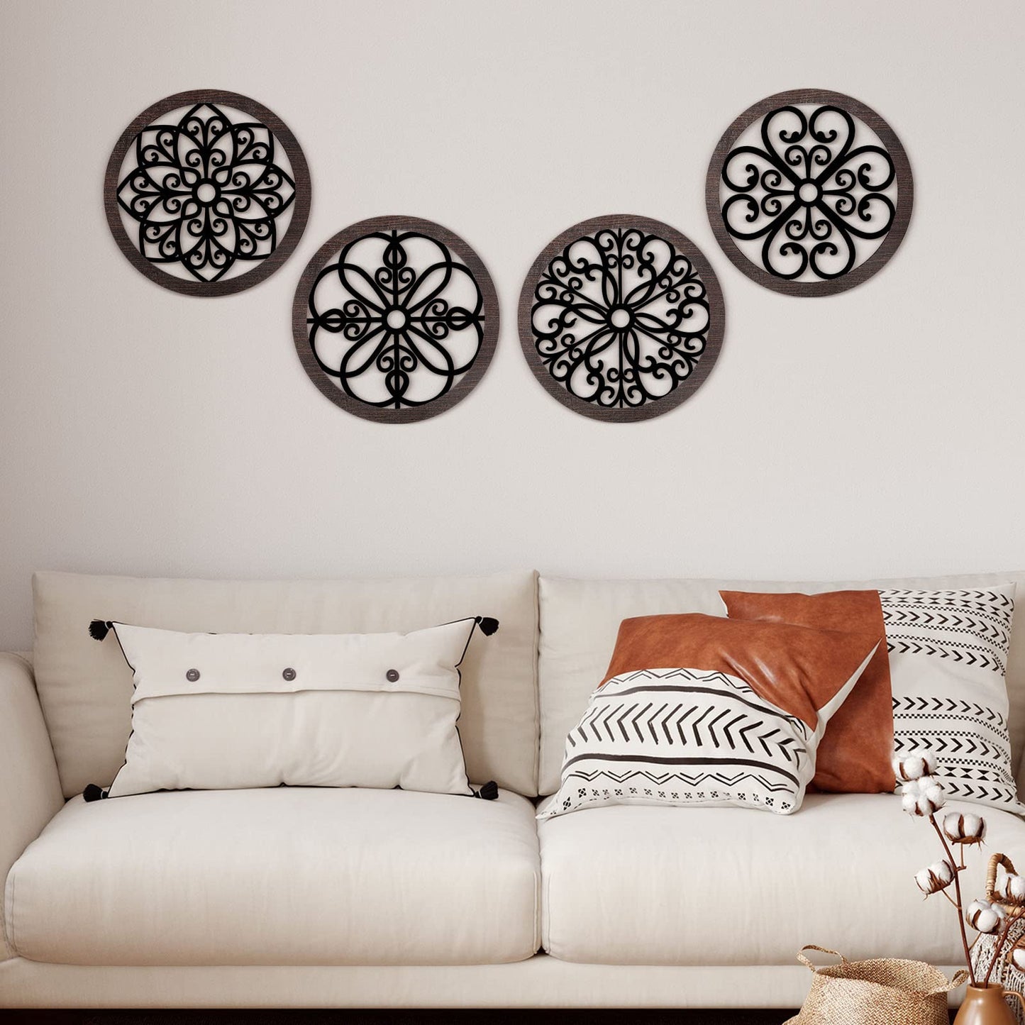 4 Pieces Thicken Rustic Wall Decor Farmhouse Wall Art Decor Wooden Hollow Carved Design Rustic Round Wall Art for Living Room Bedroom Hallway Decor Office Kitchen Wall (Black, Brown,10 x 10 Inch)