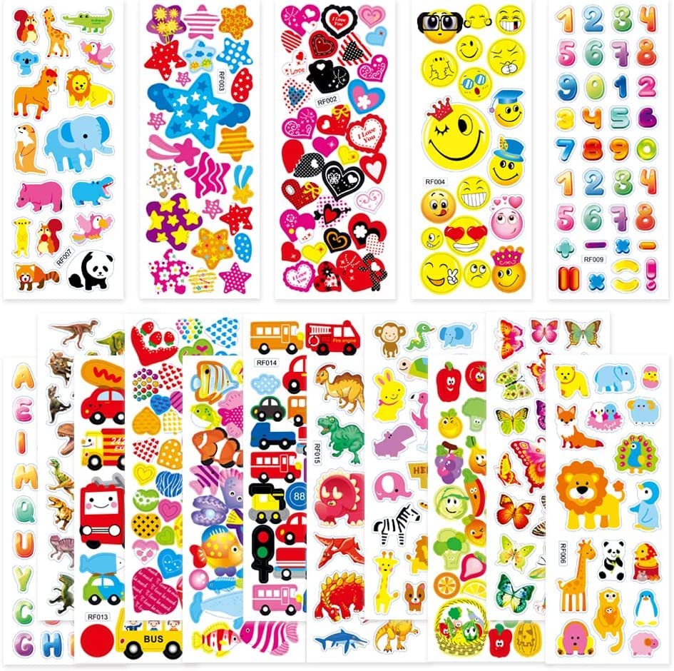 Stickers for Kids Puffy Kids Stickers Sheets 32 Different Bulk Variety Pack Stickers for Girls Boys Rewards, Craft Scrapbooking Including Animal, Hearts, Trucks, Dinosaurs and More