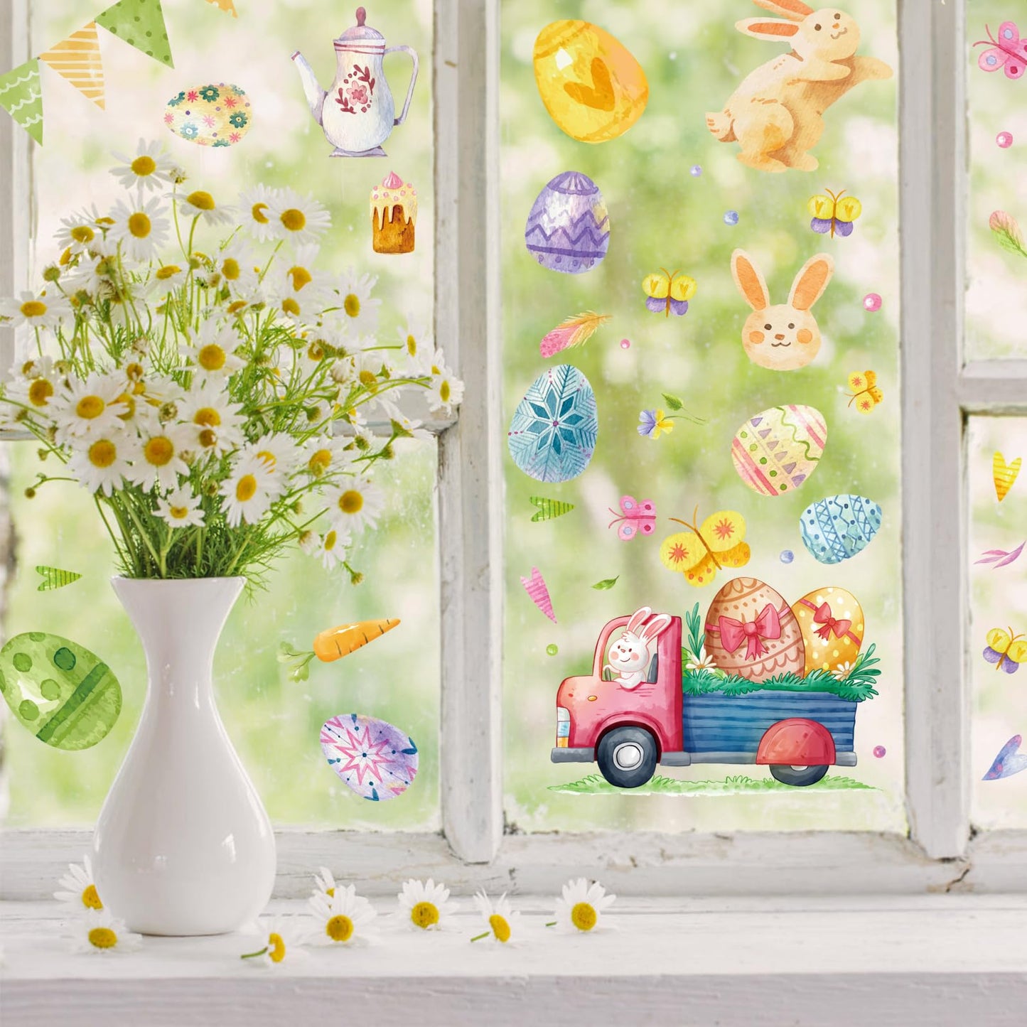 Easter Decorations Window Clings Decals Decor, 9 Sheets Large Easter Eggs Flowers Bunny Party Supplies Gifts, Double Sided Spring Window Clings Decorations for Kids School Home Office