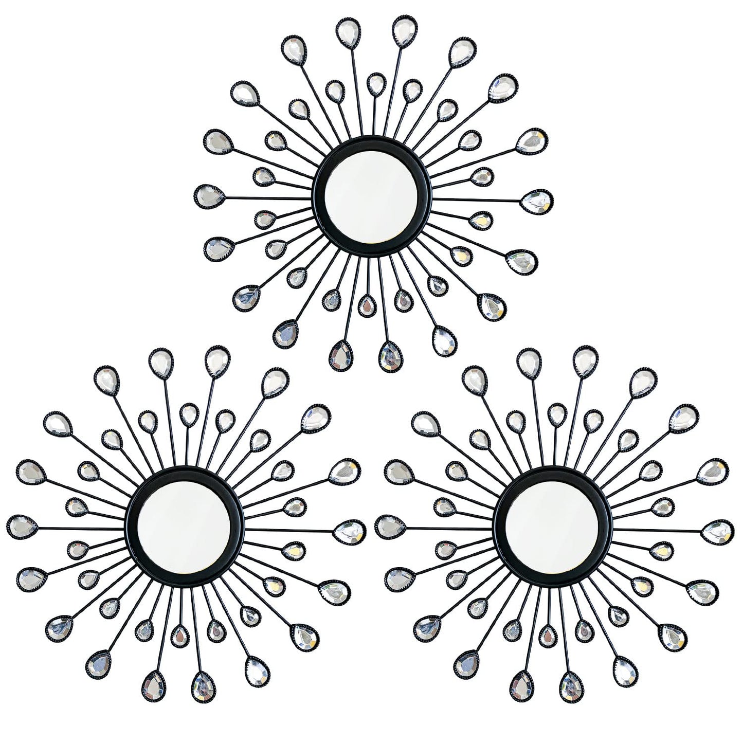 Uaussi 3 Pack Metal Wall Mirrors Rhinestones Starburst Mirror Set Bling Home Decorative Hanging Wall Art for Living Room Bedroom-Water-Drop Burst Black