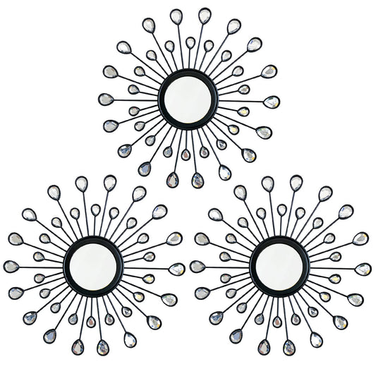 Uaussi 3 Pack Metal Wall Mirrors Rhinestones Starburst Mirror Set Bling Home Decorative Hanging Wall Art for Living Room Bedroom-Water-Drop Burst Black