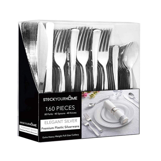 160 Pack Silver Plastic Cutlery Disposable Silverware - 80 Forks, 40 Knives, 40 Spoons - For Catering, Parties, Dinners, Weddings, and Everyday Use
