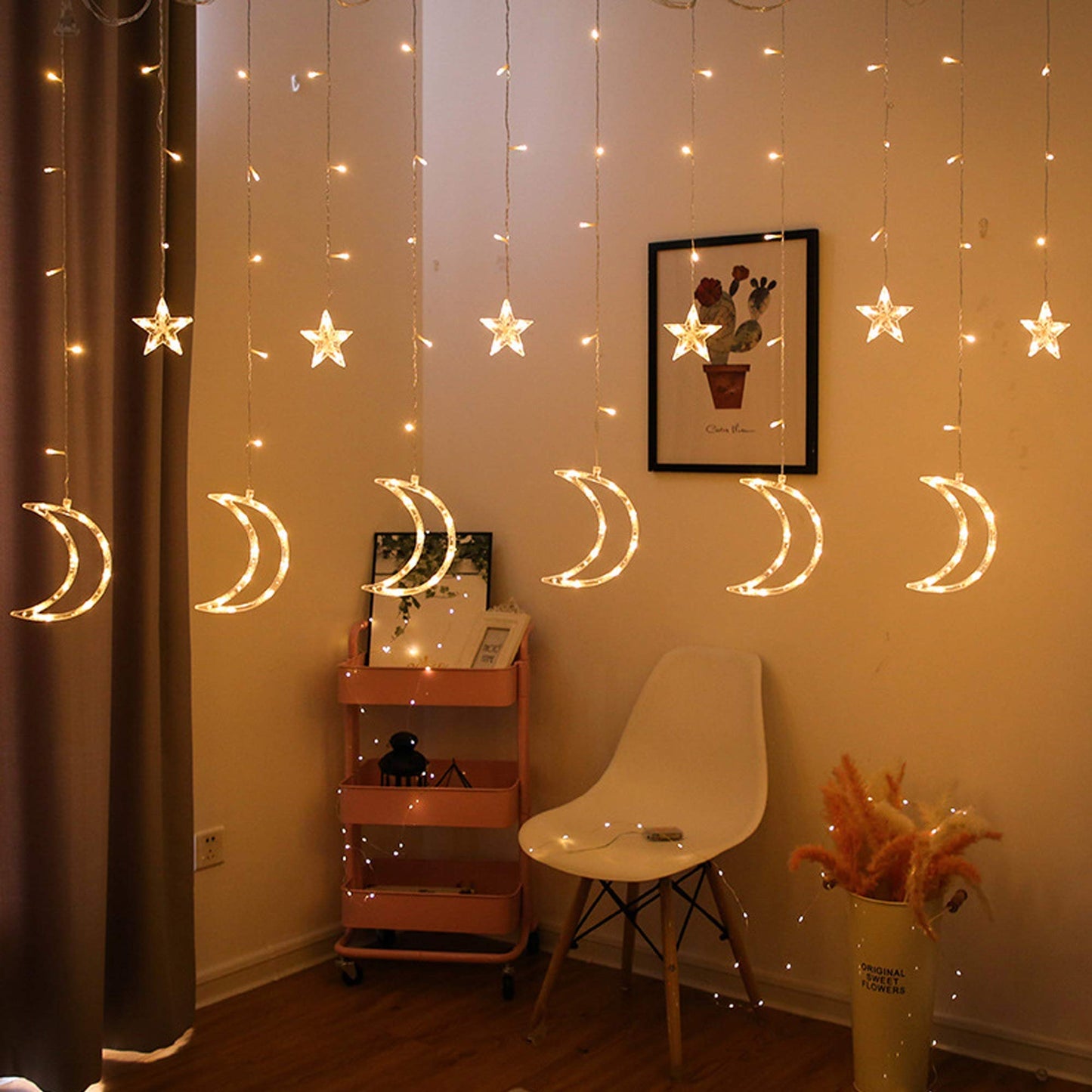 FUNPENY Star Moon Curtain String Lights, 138 LED Window Lights with Remote Control, Warm White Fairy Lights with 8 Modes for Indoor, Wedding, Party, Bedroom, Patio Lawn, Ramadan Decorations