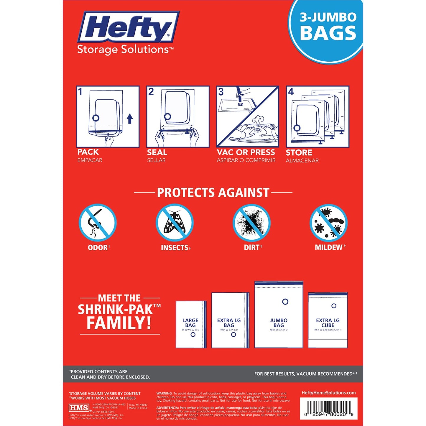 Hefty Shrink-Pak - 3 Jumbo Vacuum Storage Bags for Under Bed Storage, Clothing, Pillows, Towels, or Blankets