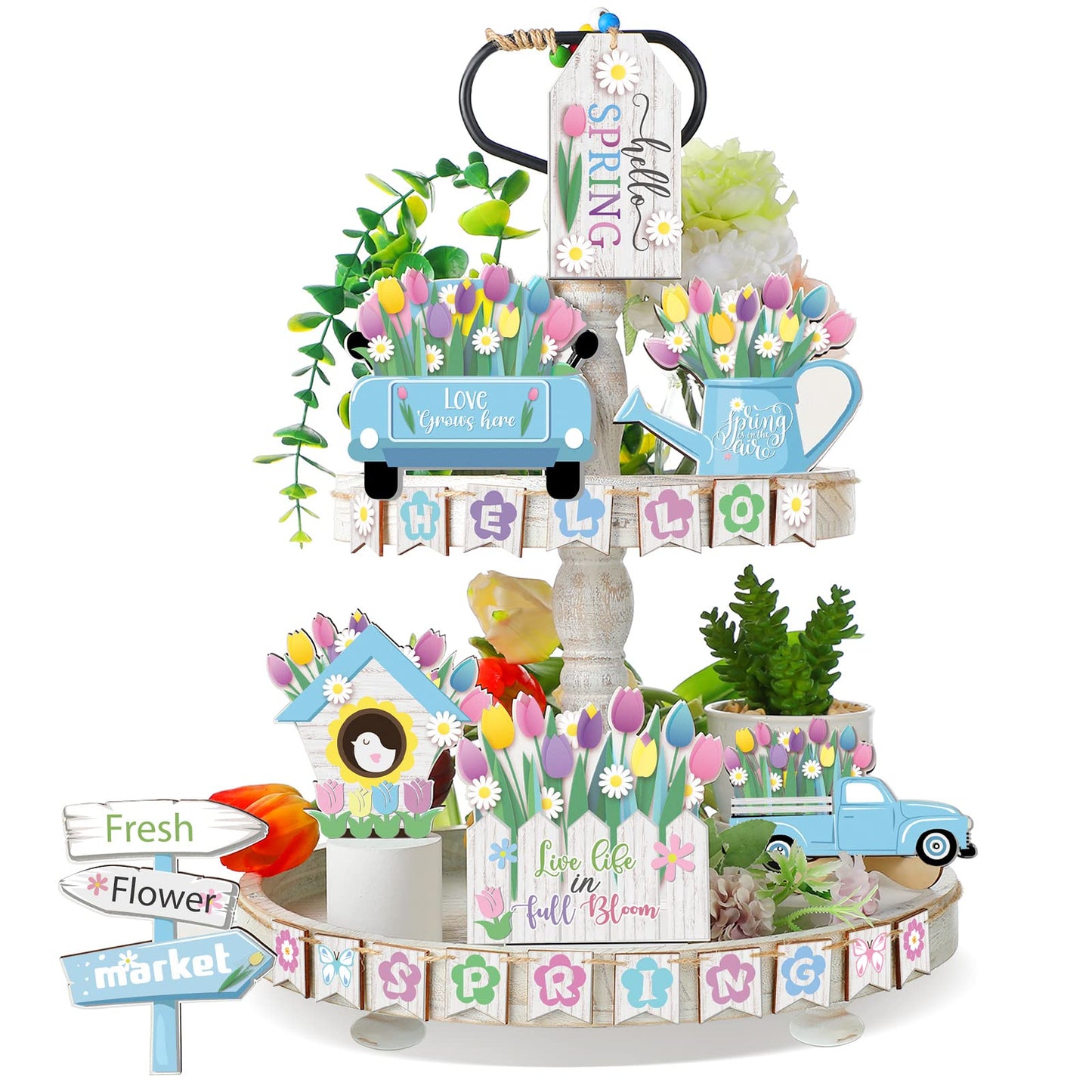 Bucherry Hello Spring Tiered Tray Decor Tulips Table Wooden Sign Decorations Flower Market Tabletop Rustic Farmhouse Decor for Spring Holiday Party Home Kitchen (Tulip Style)