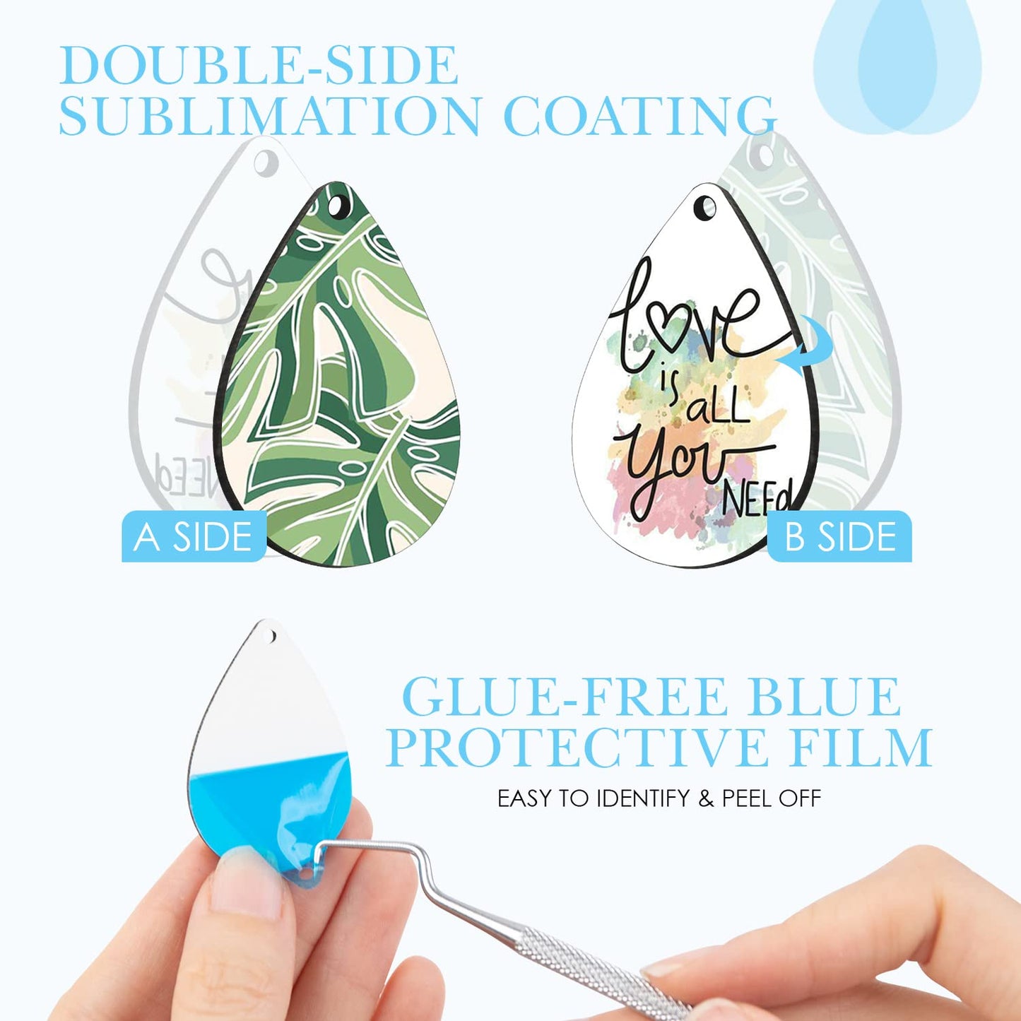 HTVRONT Sublimation Earring Blanks Bulk - 30 Pcs Wood Earrings Blanks with Blue Protective Film - Unfinished MDF Teardrop Earrings for Sublimation Printing with Template, Weeder, Hooks, Jump Rings