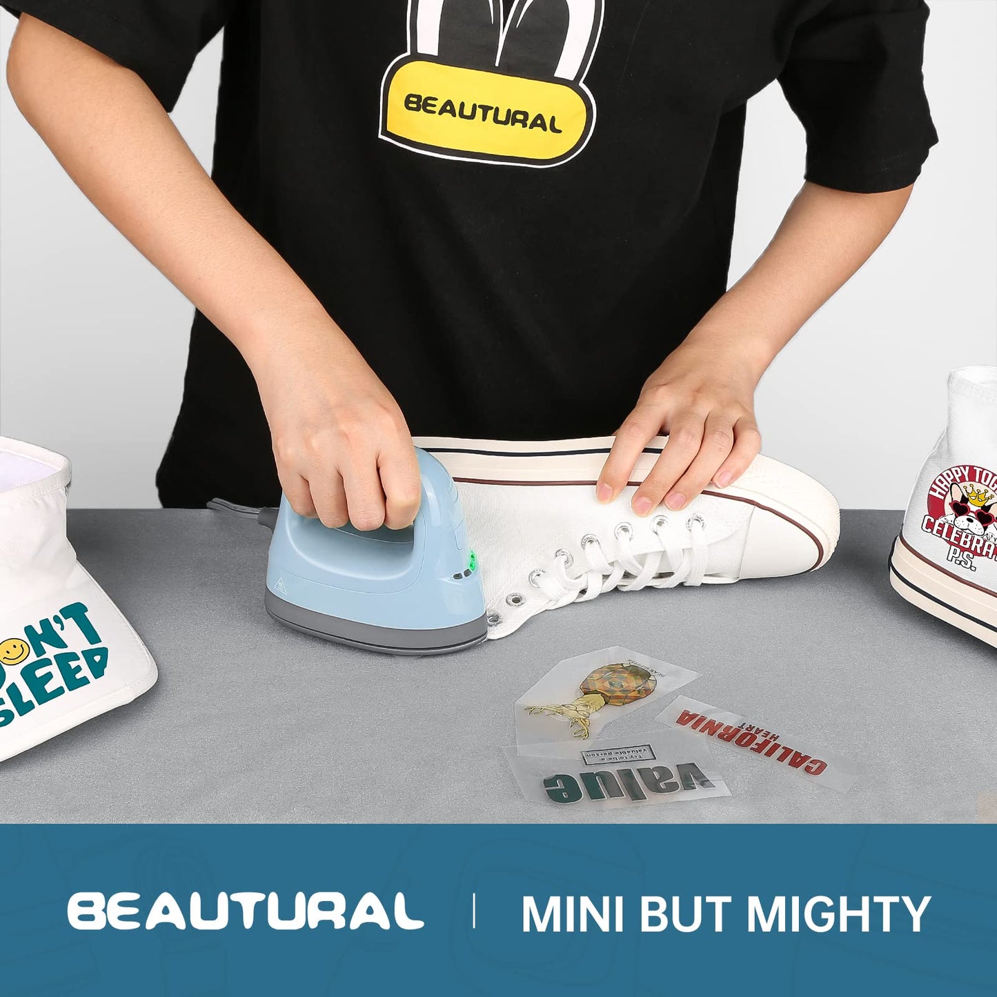 BEAUTURAL Mini Heat Press Machine, Easy to Use for T-Shirts, Shoes, Hats, Bags and Small HTV Vinyl Projects Transfer, 4 Heat Settings & Precision Tip, Ceramic Coated Heating Plate, 120V