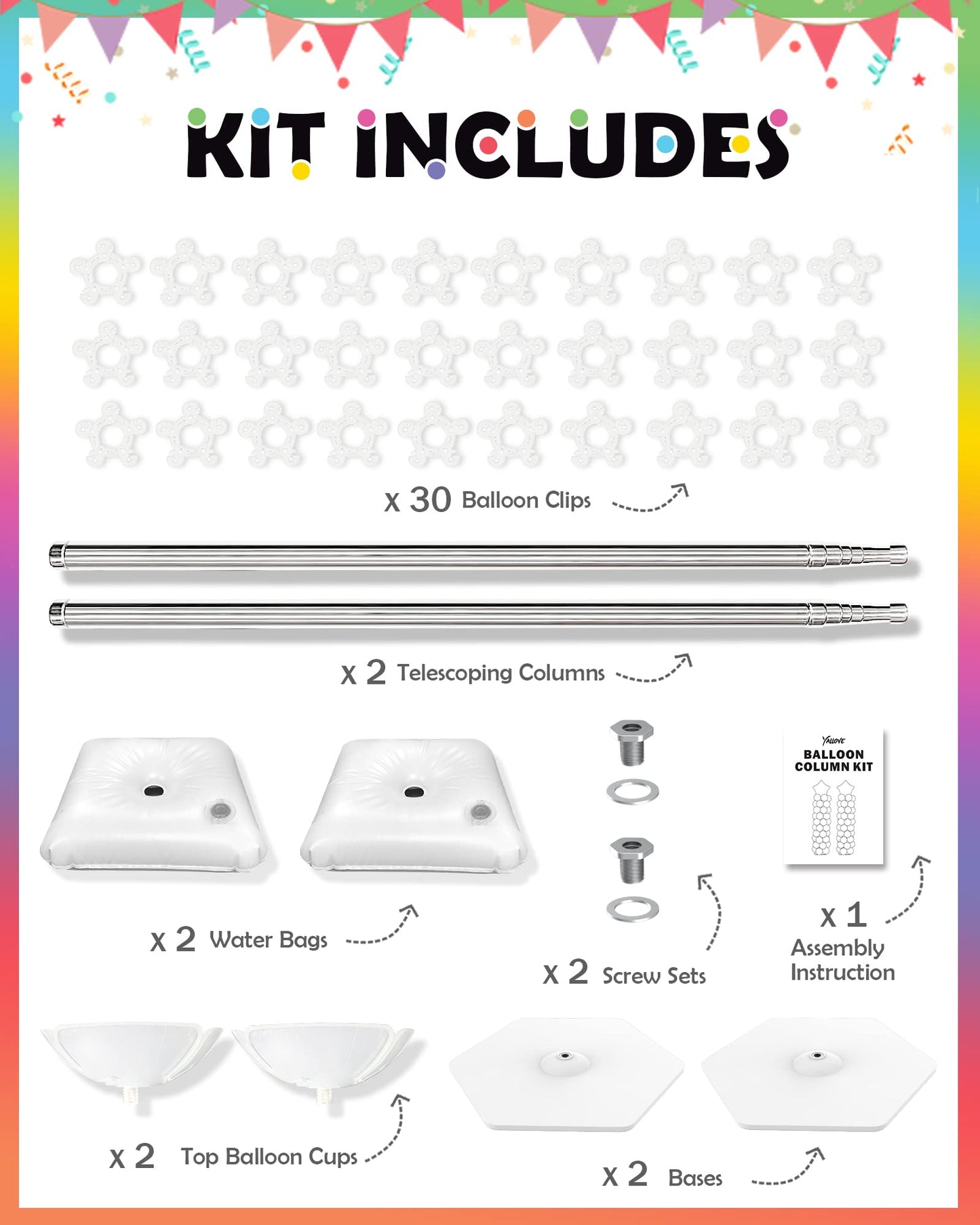 YALLOVE Balloon Column Stand Kit, Set of 2, 7 Feet Height Adjustable Balloon Tower Pillar with Reusable Metal Telescopic Design for Birthday, Wedding, Baby Shower, Graduation Party Decoration