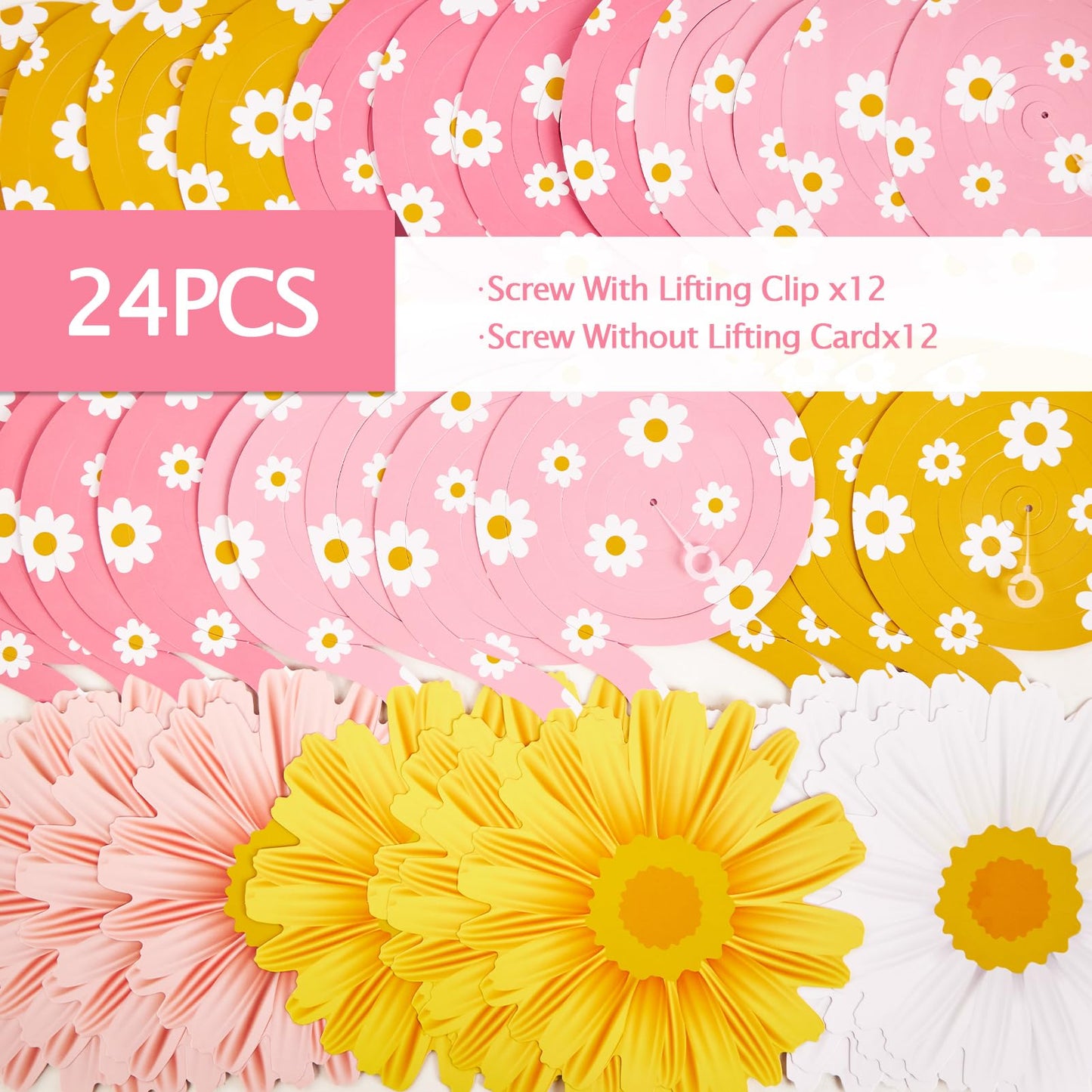 EASY JOY 24 PCS Daisy Hanging Swirls Decorations Boho Groovy Party Decorations Spring Flower Birthday Party Decorations Retro Hippie Party Ceiling Decorations for Classroom Office Mother Day Decor