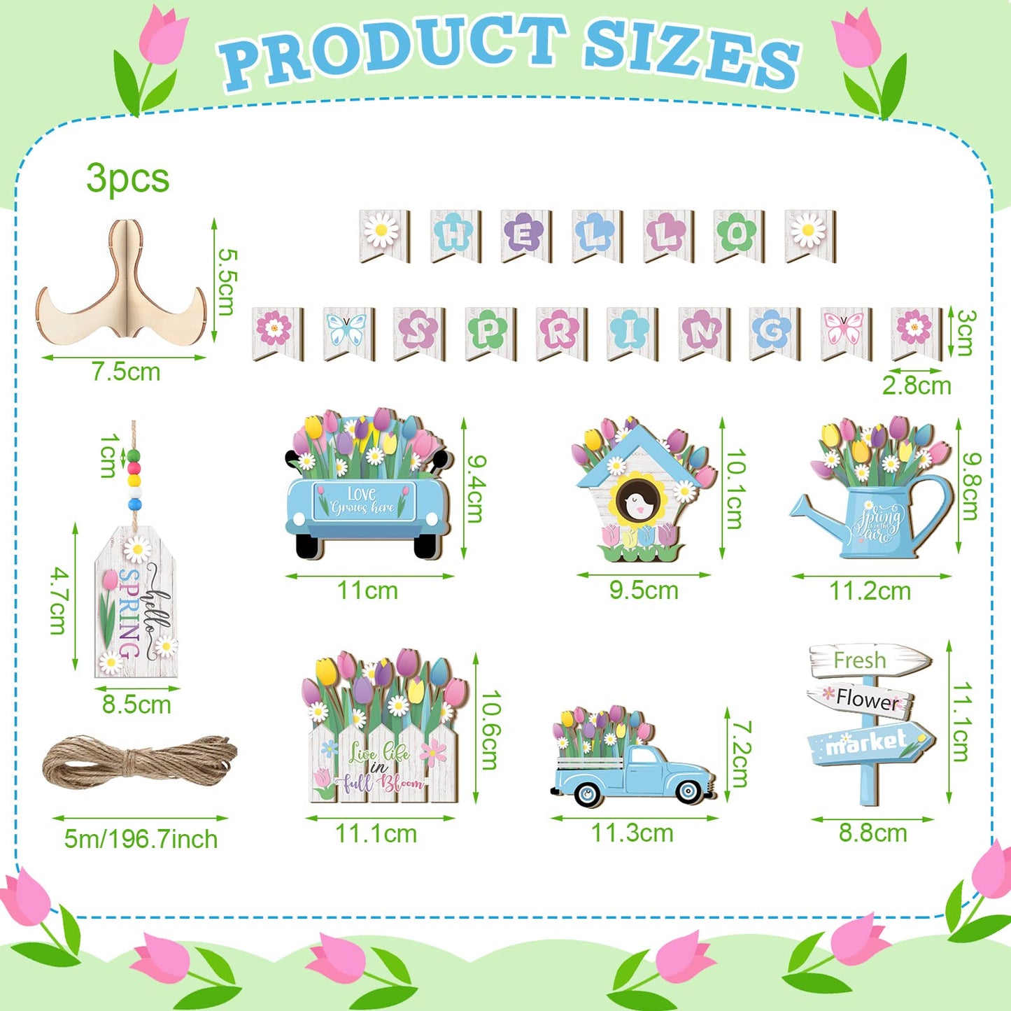 Bucherry Hello Spring Tiered Tray Decor Tulips Table Wooden Sign Decorations Flower Market Tabletop Rustic Farmhouse Decor for Spring Holiday Party Home Kitchen (Tulip Style)