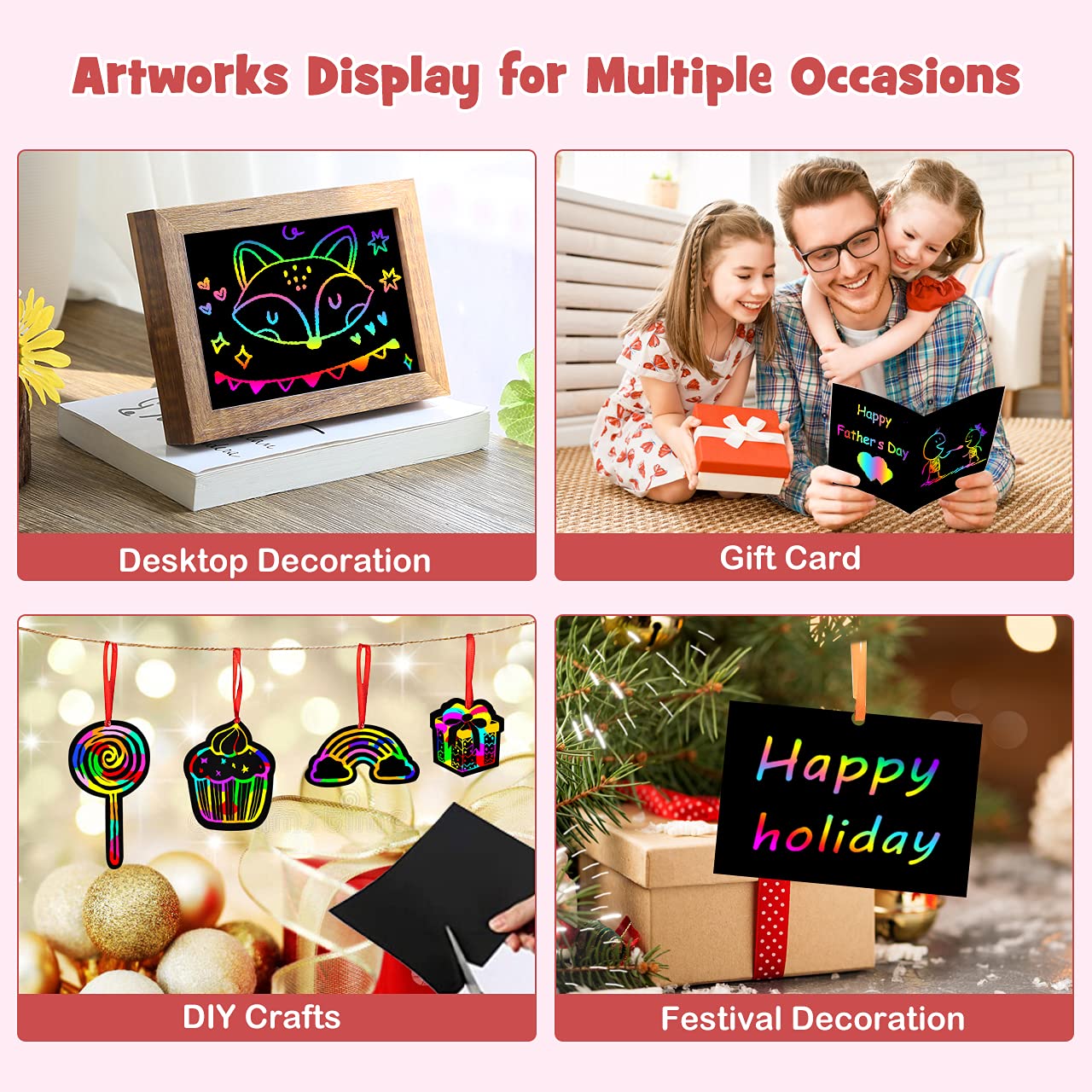 ZMLM Scratch Paper Art Set: 60Pcs Magic Drawing Art Craft Kid Black Scratch Off Paper Supply Kit Toddler Preschool Learning Bulk Toy for Age 3 4 5 6 7 8 9 10 Girl Boy Christmas Birthday Party Gift