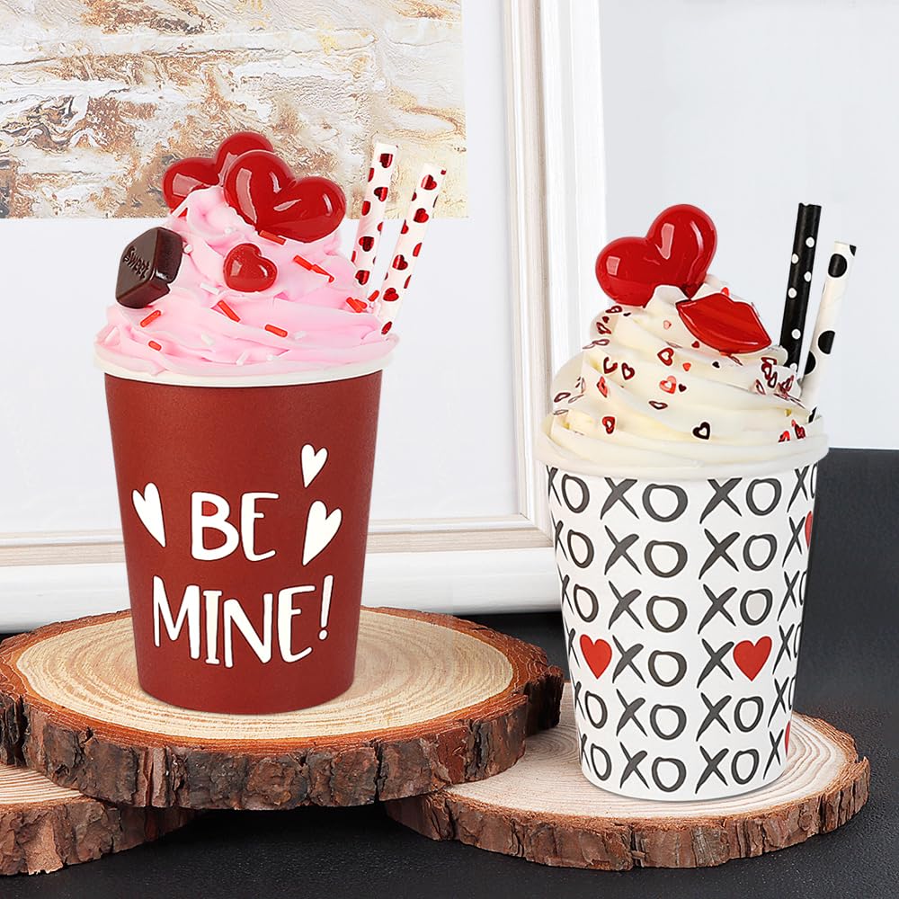 AKEROCK Valentines Day Decor, 2 PCS Paper Cups Filled with Artificial Whipped Cream for Table, Tiered Tray, Kitchen Coffee Bar - Valentines Day Decorations for the Home