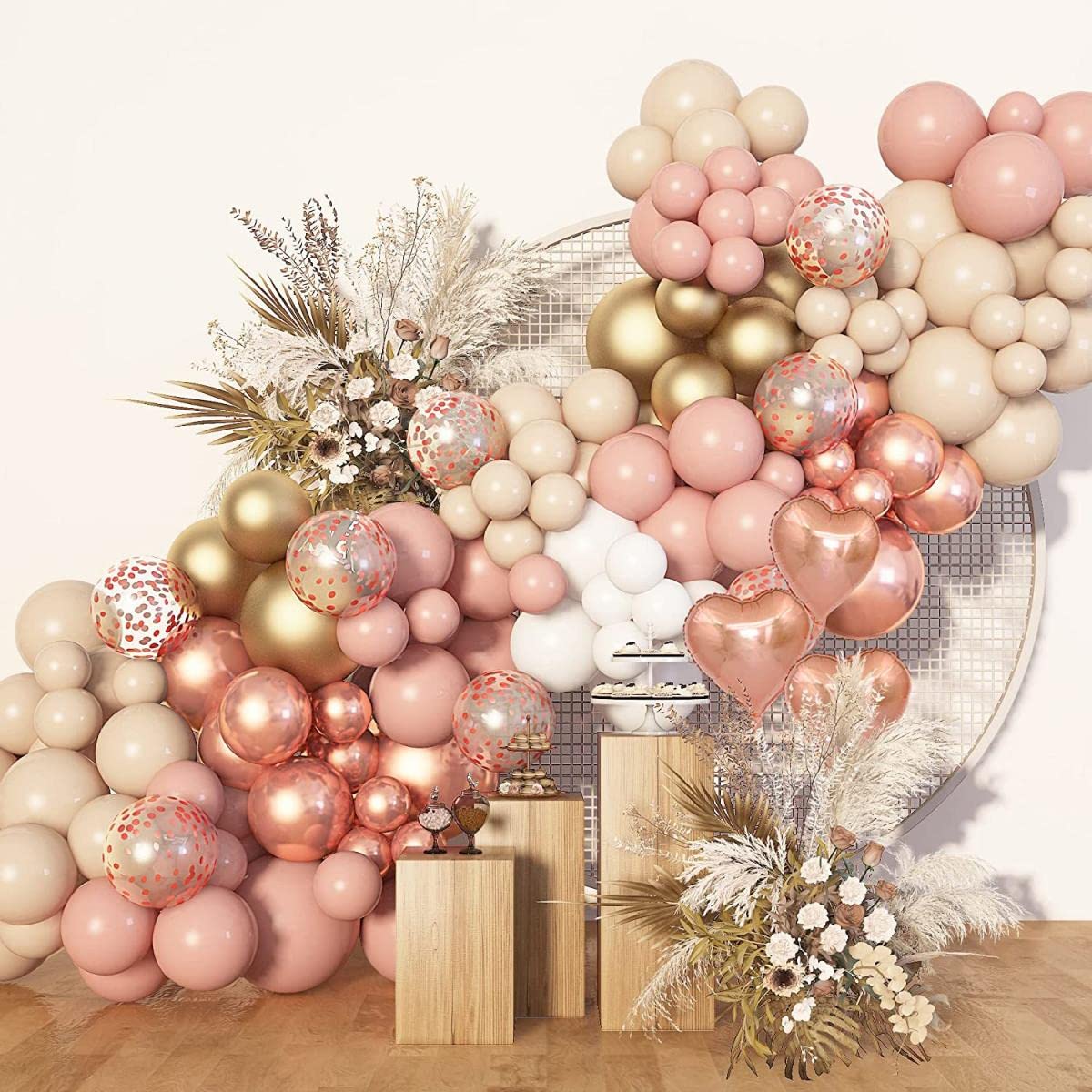 Boho Blush Balloon Garland Kit,144pcs Retro Pink Balloons with Pastel Orange Sand White and Metallic Gold Latex Balloons for Girl Women Baby Shower Bridal Shower Wedding Birthday Party Decorations…