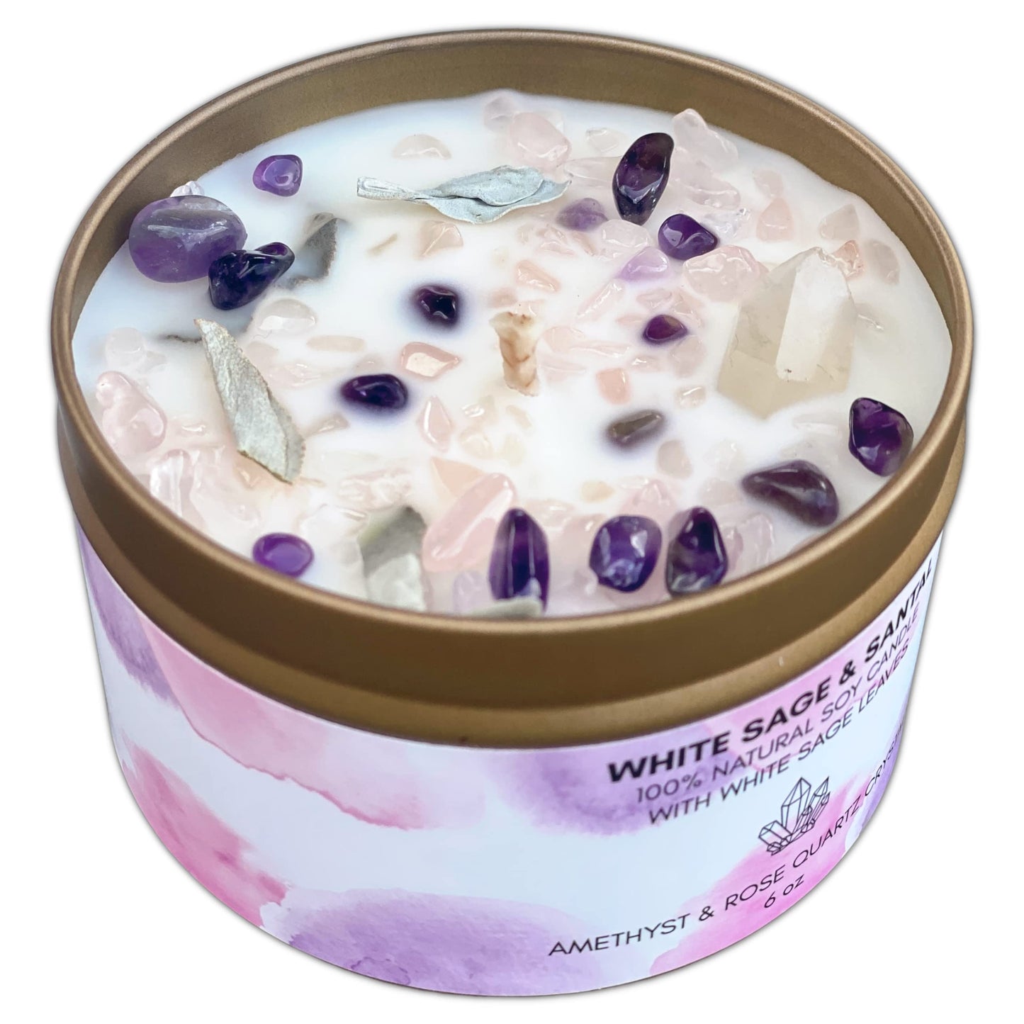 White Sage Smudge Candle with Rose Quartz and Amethyst Gemstone Crystals 100% Natural Soy Wax Scented with Essential and Fragrance Oils