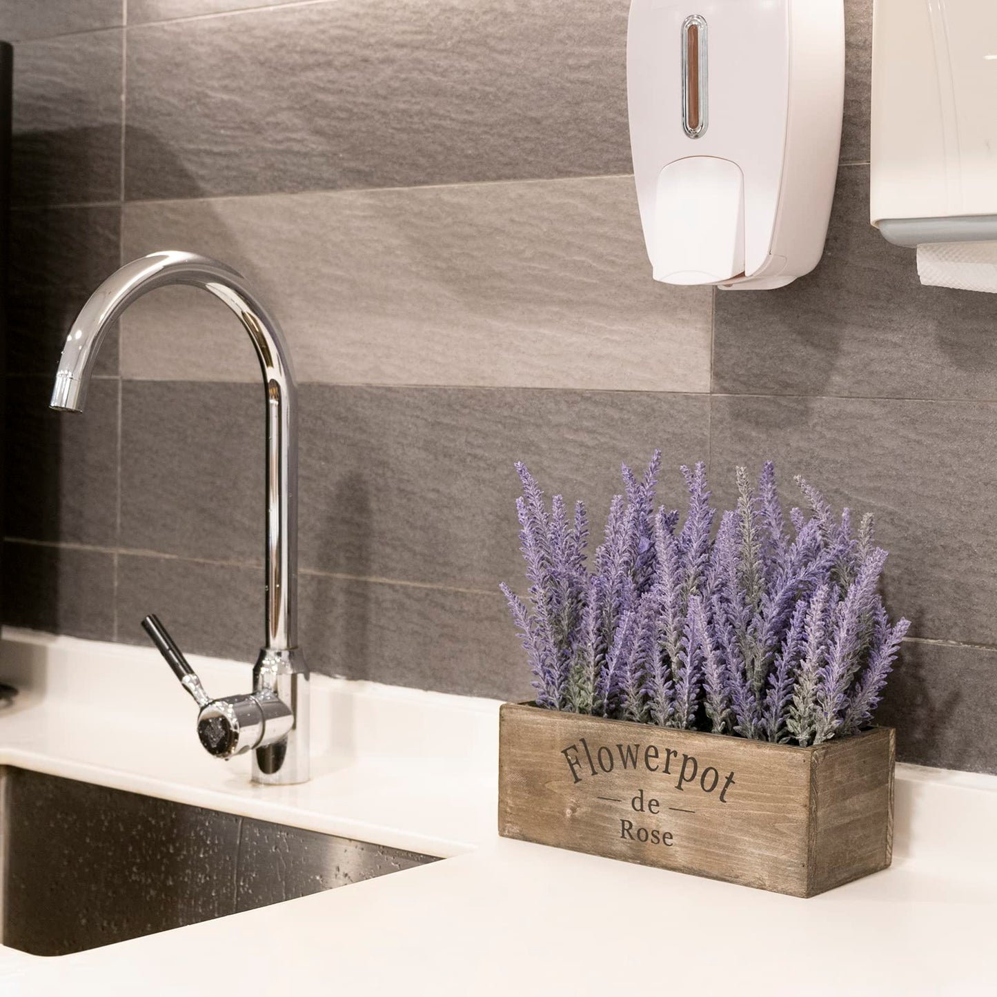 Velener Purple Artificial Lavender Flowers with Decorative Tray Wooden Box 9 Inches - Lifelike Faux Lavender Plants for Home and Office Decor, Fake Lavender Rustic Farmhouse Style