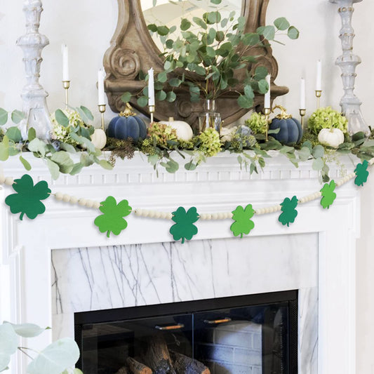 DAZONGE St. Patrick's Day Decorations, Felt Shamrocks Wood Bead Garland for St. Patrick's Day Decor, Lucky Green St. Patrick's Day Felt Banner for Fireplace Mantel Walls