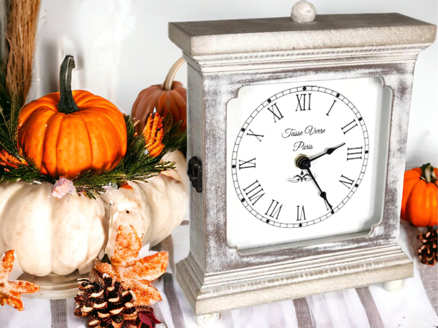 Tasse Verre Rustic Shelf Clock (Quiet) for Living Room Mantel, Table, Or Desk 9" X 7" Farmhouse Decor Distressed White Washed Wood Silent - Office Fireplace. AA Battery Operated Non-Digital, Tan