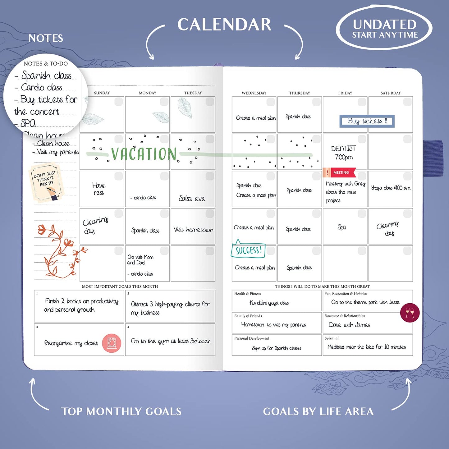 Legend Planner – Deluxe Weekly & Monthly Life Planner to Hit Your Goals & Live Happier. Organizer Notebook & Productivity Journal. A5 Hardcover, Undated – Start Any Time + Stickers – Periwinkle Gold