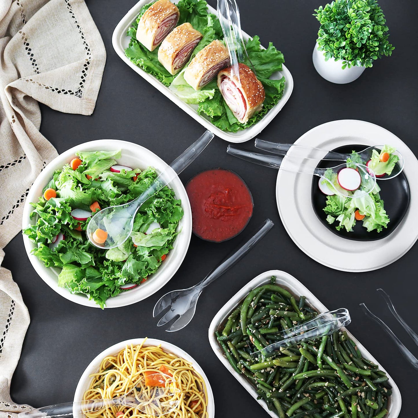 Set of 12 - Heavy Duty Disposable Plastic Serving Utensils, Four 10” Spoons and Forks, Four 6-1/2” Tongs,Clear