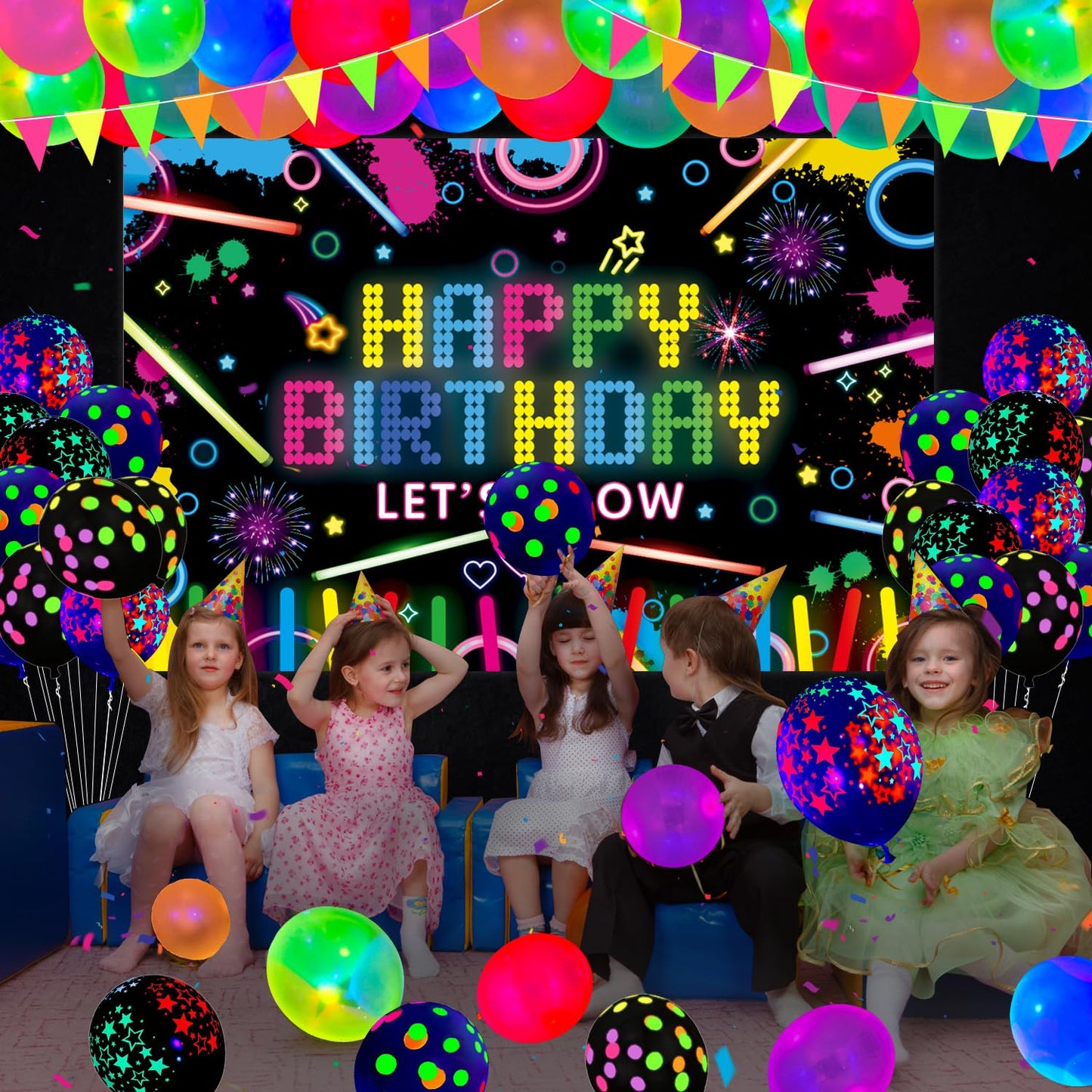 Glow Neon Party Supplies Neon Glow Plate Set Neon Balloon Glow in the Dark Happy Birthday Backdrop Glow Birthday Blacklight Party Decoration Neon Glow Birthday Tableware Serves 20