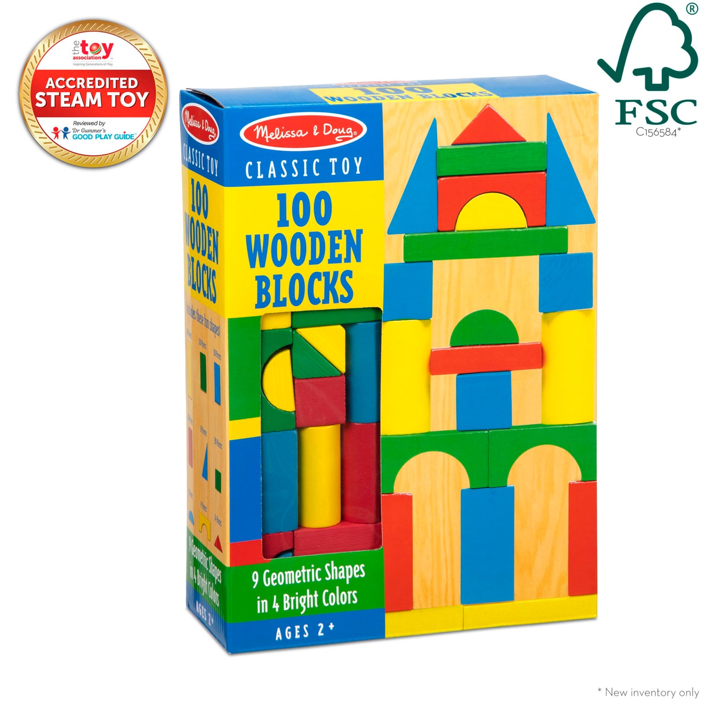 Melissa & Doug Wooden Building Set - 100 Blocks in 4 Colors and 9 Shapes