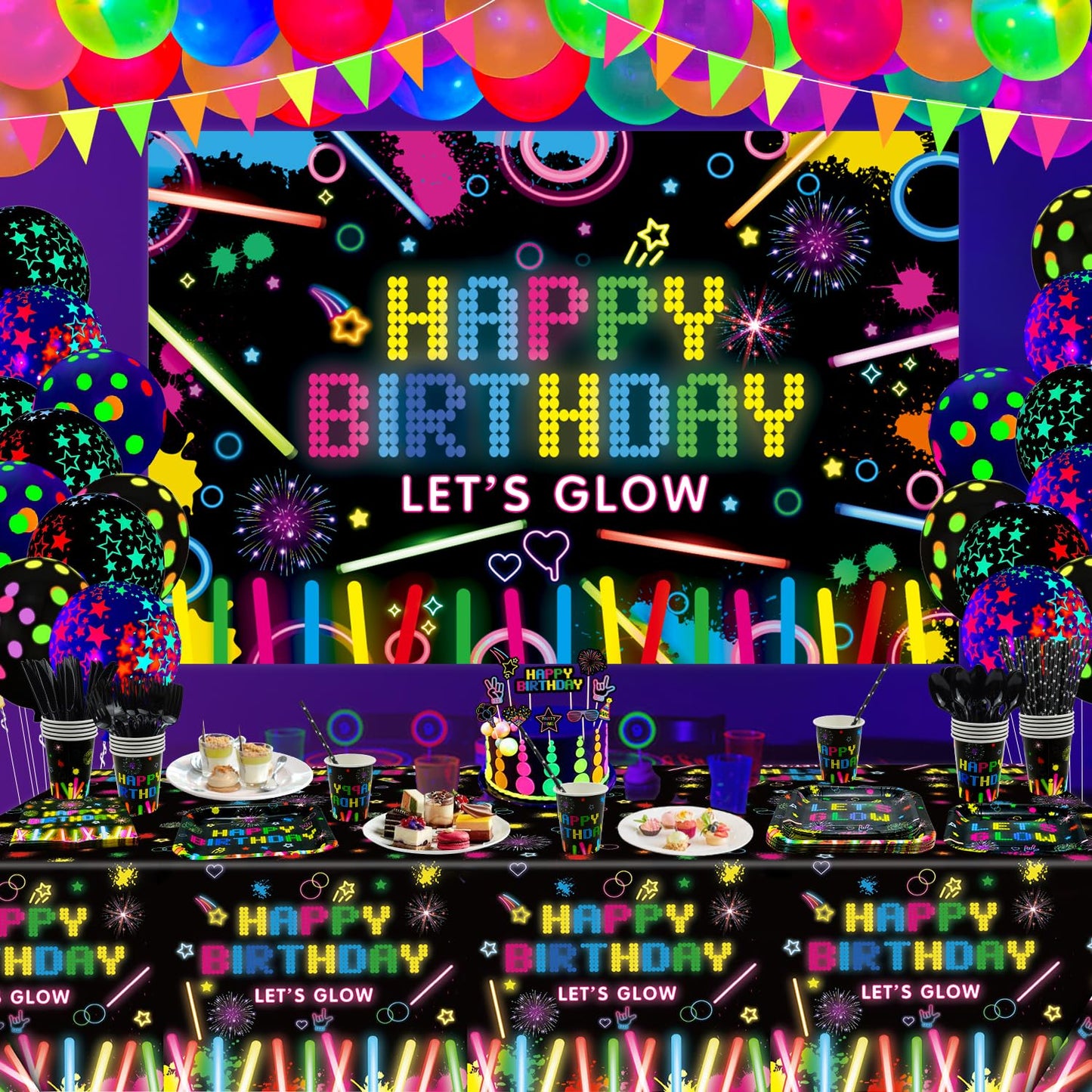 Glow Neon Party Supplies Neon Glow Plate Set Neon Balloon Glow in the Dark Happy Birthday Backdrop Glow Birthday Blacklight Party Decoration Neon Glow Birthday Tableware Serves 20