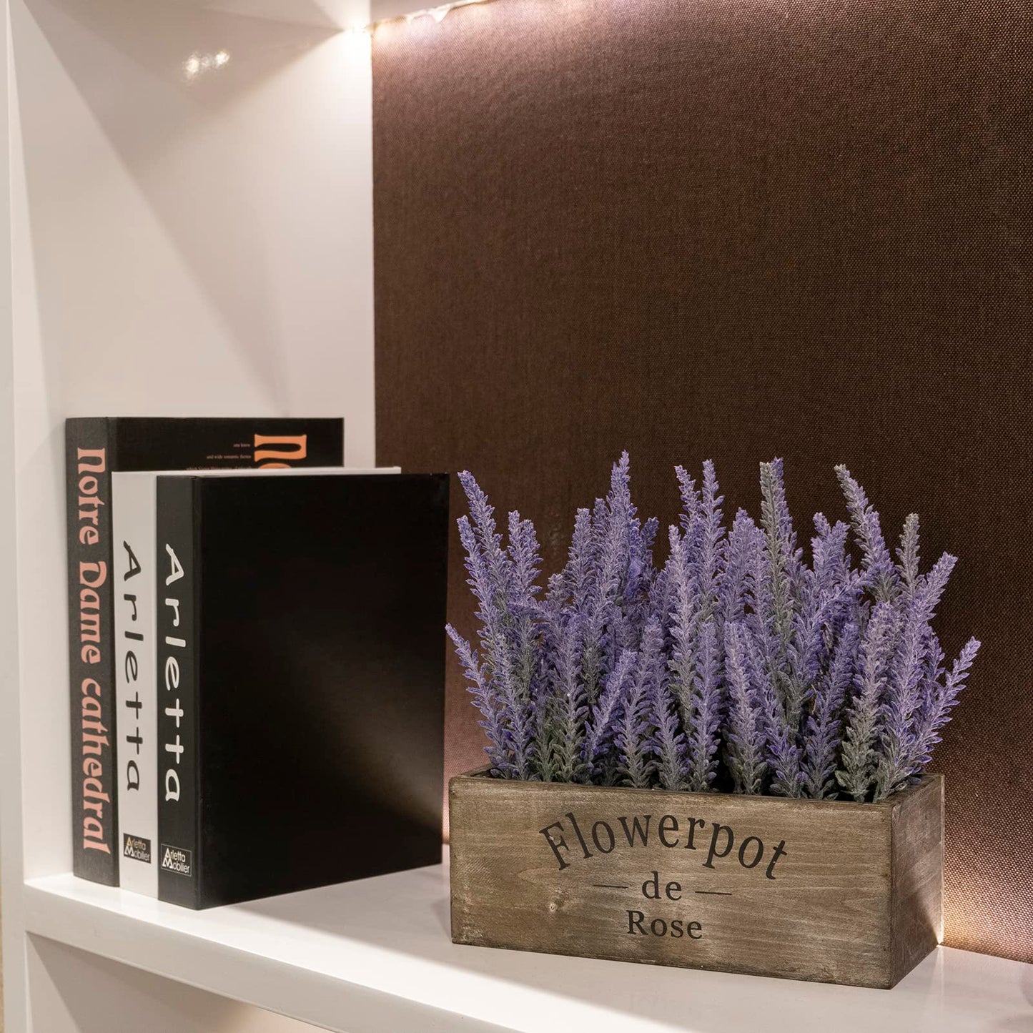 Velener Purple Artificial Lavender Flowers with Decorative Tray Wooden Box 9 Inches - Lifelike Faux Lavender Plants for Home and Office Decor, Fake Lavender Rustic Farmhouse Style