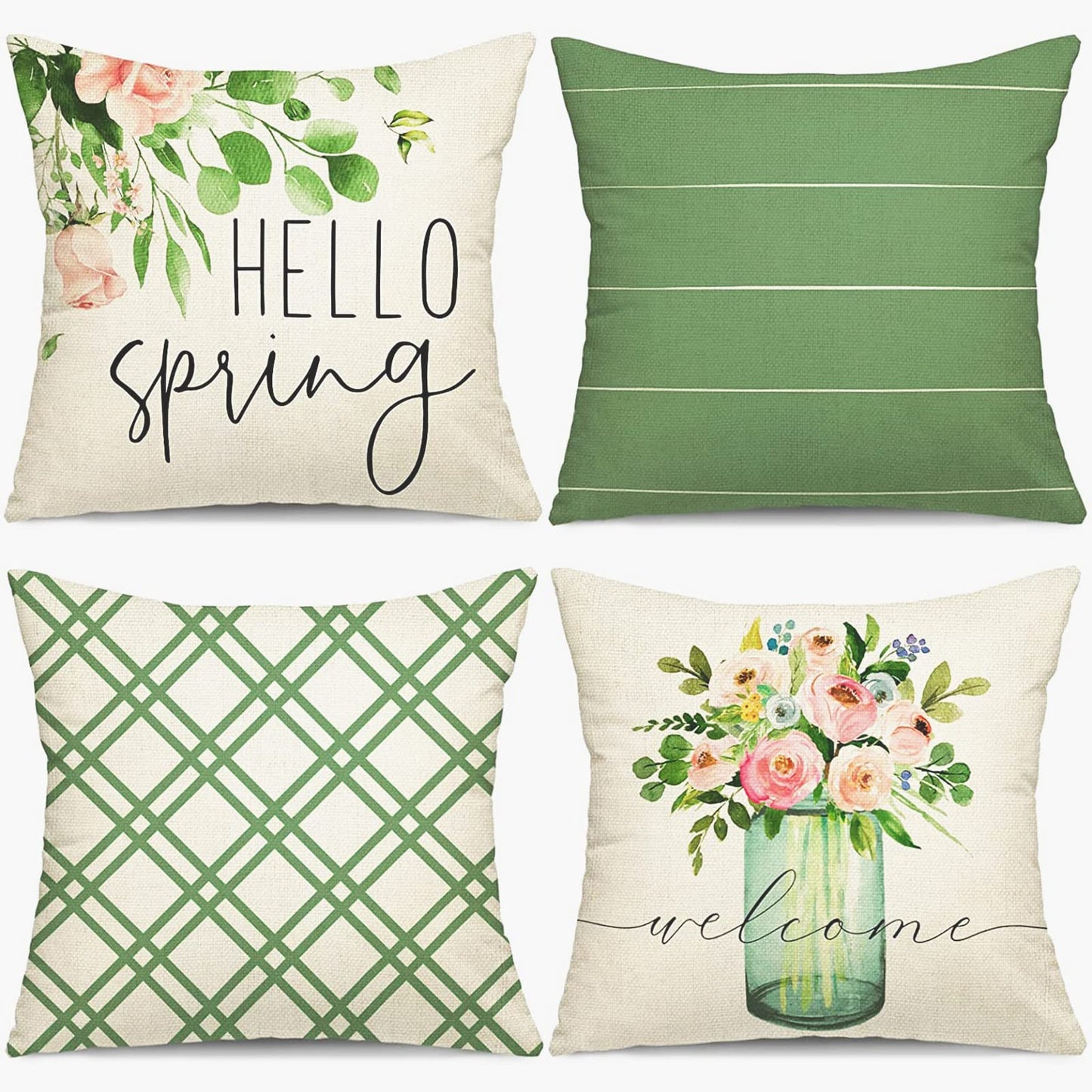 YGEOMER Spring Pillow Covers 18x18 Set of 4, Spring Summer Farmhouse Throw Pillow Cover Green Garden Linen Cushion Case for Home Decor
