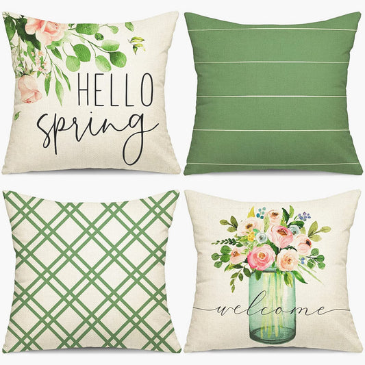 YGEOMER Spring Pillow Covers 18x18 Set of 4, Spring Summer Farmhouse Throw Pillow Cover Green Garden Linen Cushion Case for Home Decor