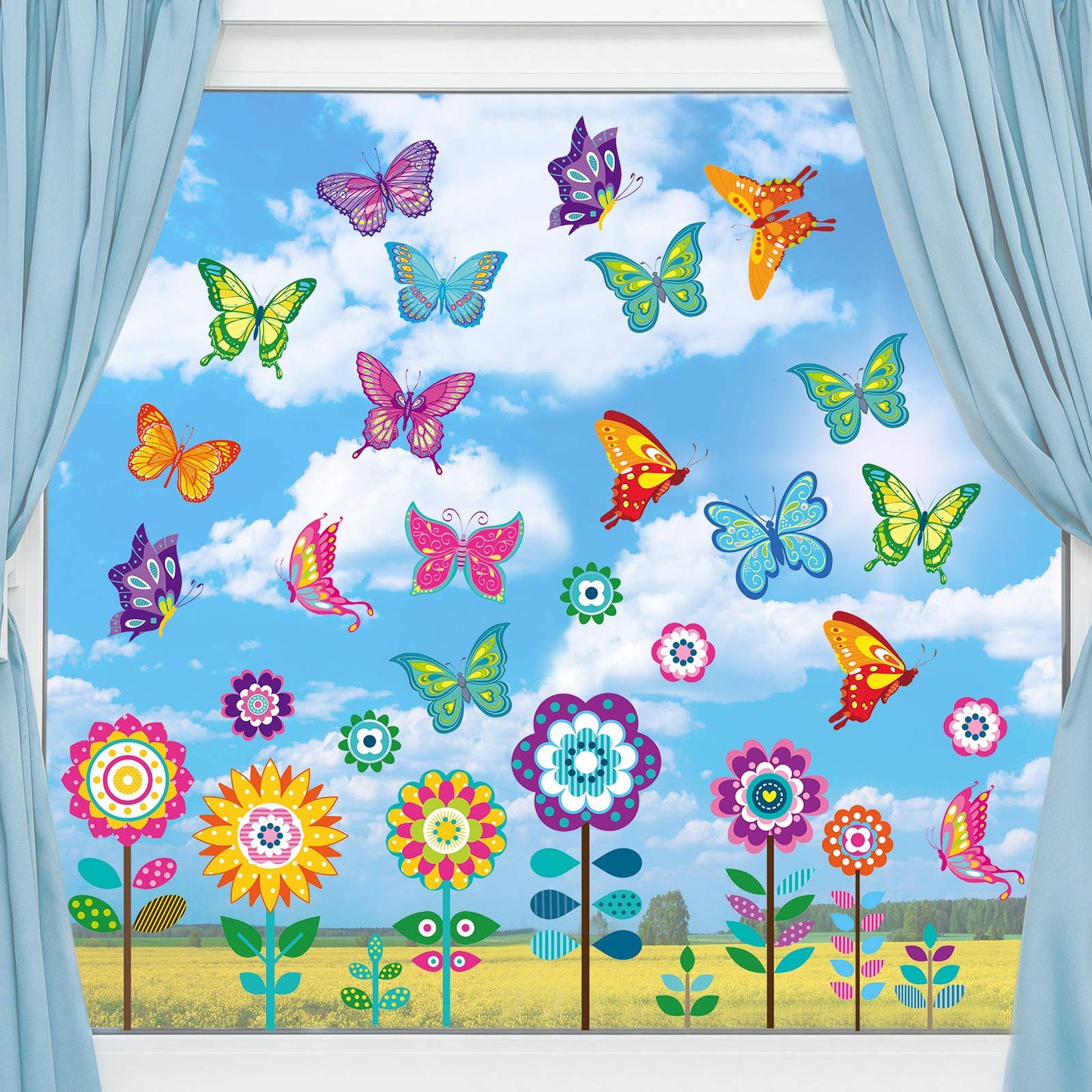 72 Pieces Large Size Spring Window Clings Flowers Butterfly Windows Clings Decals Anti Collision Glass Windows Stickers for Baby Shower Decoration Party Supplies