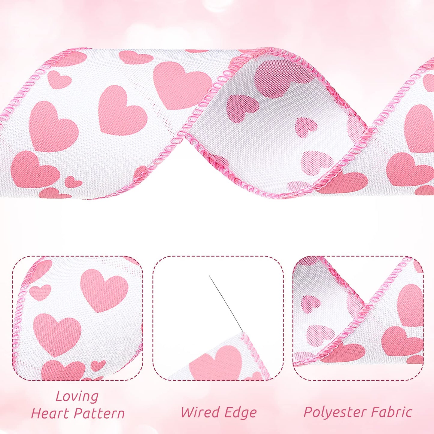 Valentine's Day Burlap Wired Ribbon 2 Rolls 12 Yards Heart Printed Love Ribbon Edge Ribbon 2.5 Inch Patterned Hearts for Favor Wrapping Wreaths Craft Prensent Wrapping Decorative Bow (Pink and White)