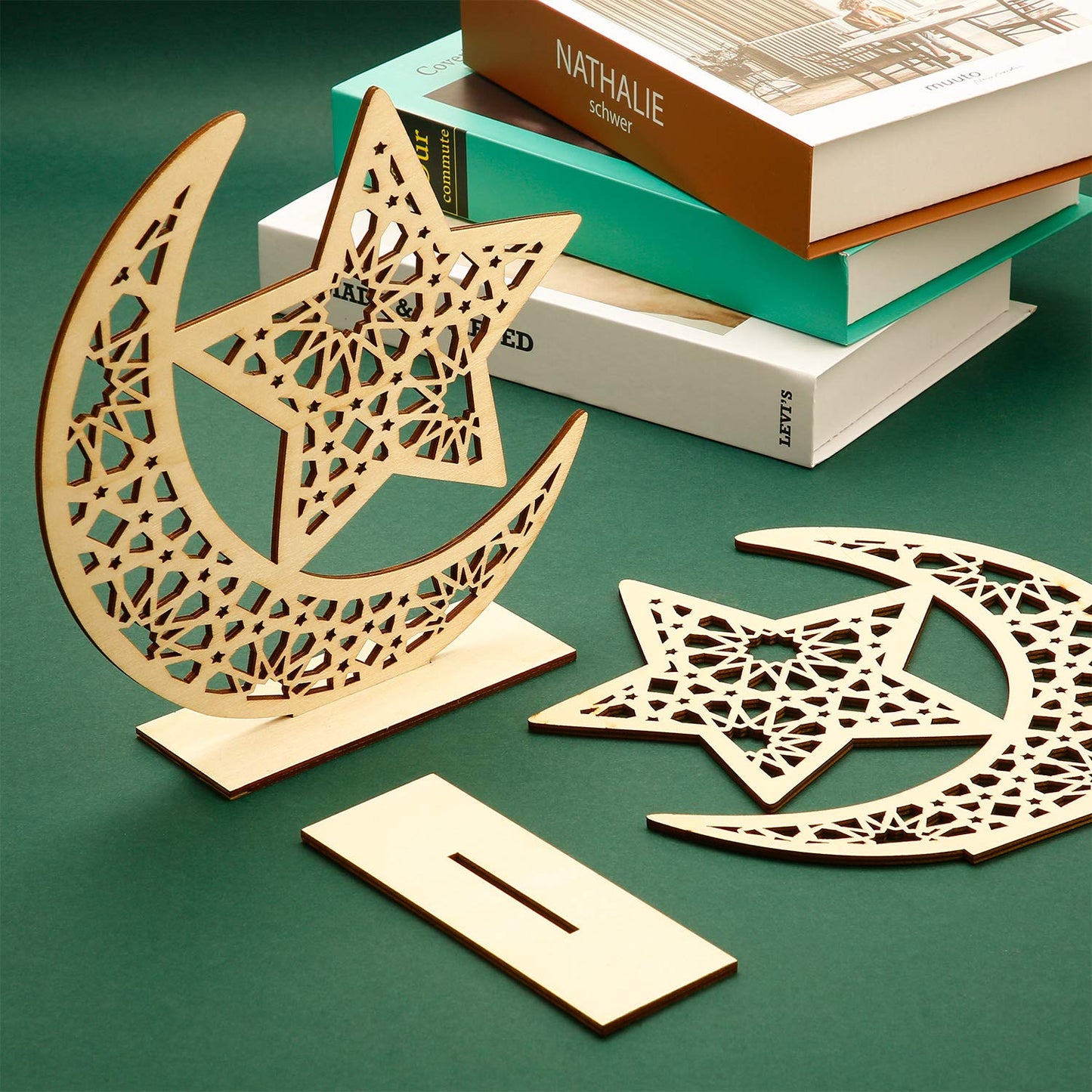 2 Sets Eid Mubarak Wooden Ornament Ramadan Hanging Plaque Moon Star Pendant for Decorations (Classic Style)