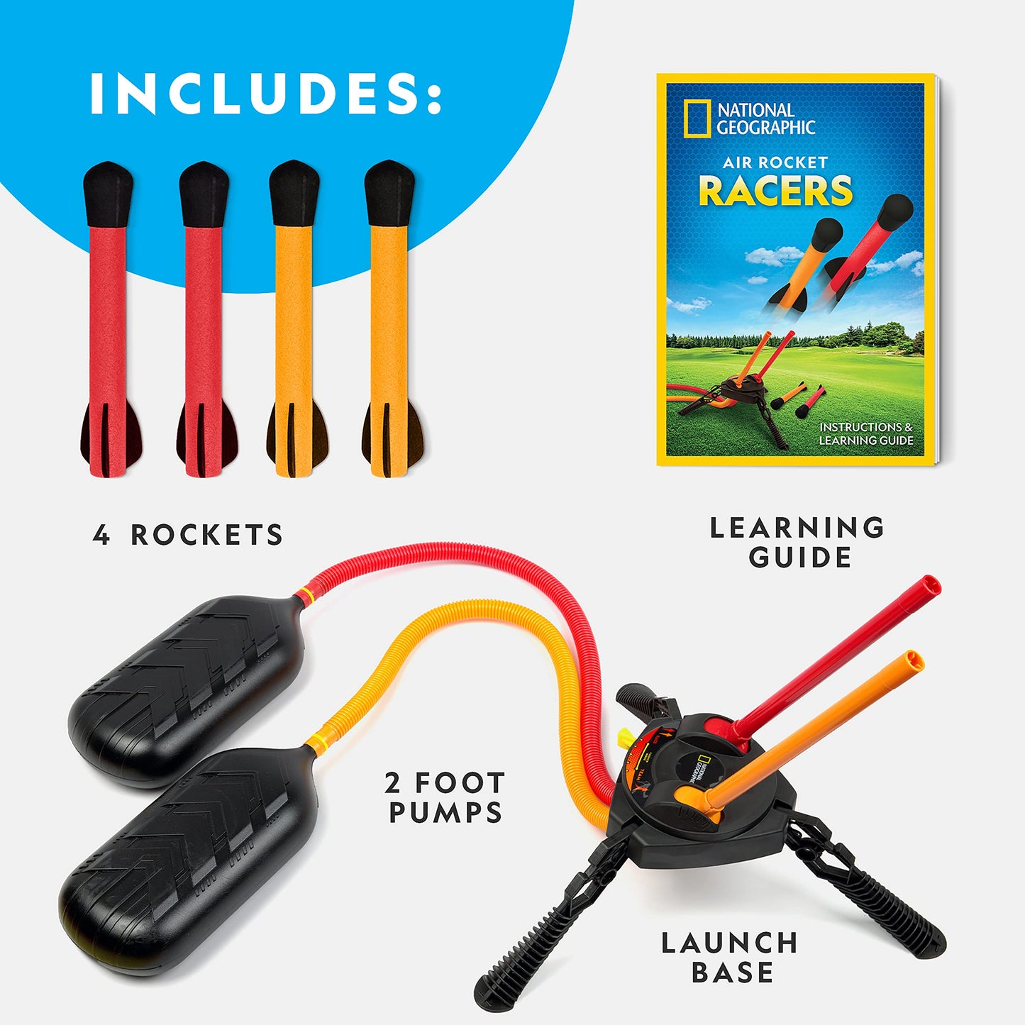 NATIONAL GEOGRAPHIC Air Rocket Toy - Stomp & Launch Dueling Air Rockets up to 100 Ft., Includes Launcher, 4 Foam-Tipped Rockets, Outdoor Kids Toys, Kids Science Kit, Rocket Launcher (Amazon Exclusive)