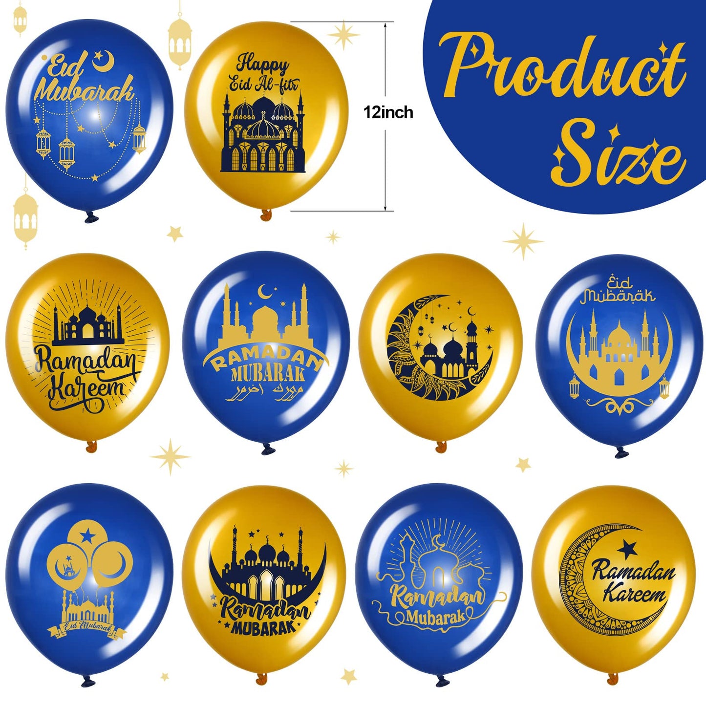 40 Pieces Ramadan Mubarak Balloons Eid Mubarak Party Decoration Happy Eid al-Fitr Theme Latex Balloons Set for Home Event Indoor Outdoor Ramadan Kareem Decor Supplies, 12 Inches (Blue and Gold)