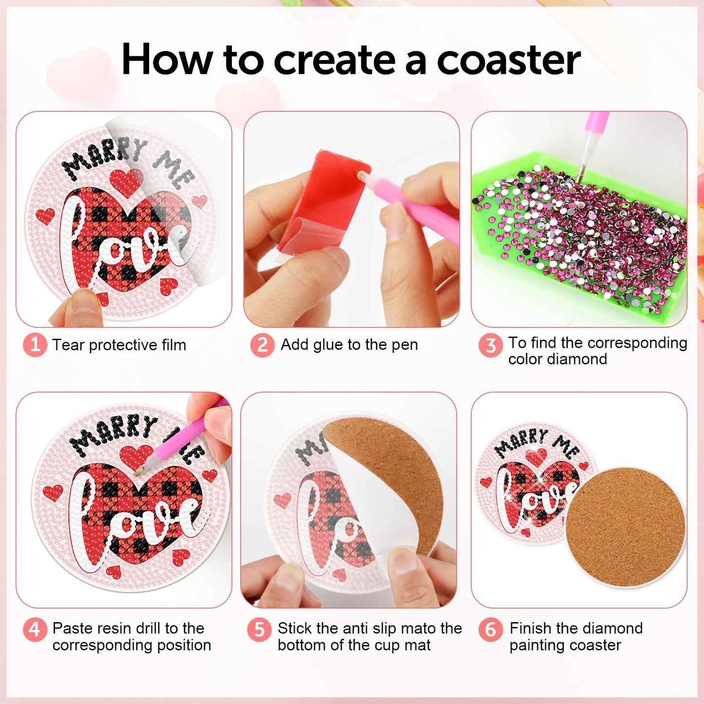 clothmile 8 PCS Valentine’s Day Diamond Art Coasters Love Diamond Painting Coasters Kits with Holder DIY Coasters for Beginners, Adults, Kids, Diamond Art Crafts Supplies (Valentines)