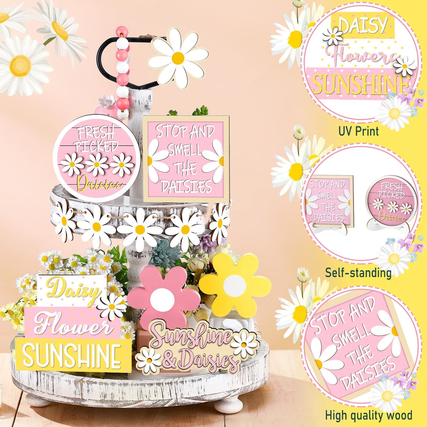 Jetec 12 Pcs Valentine's Day Tiered Tray Decor Set Valentines Heart Wood Sign Gnome Truck Rustic Farmhouse Tray Signs Table Decor for Romantic Valentine's Day Home Kitchen(Daisy, 12 Pcs)