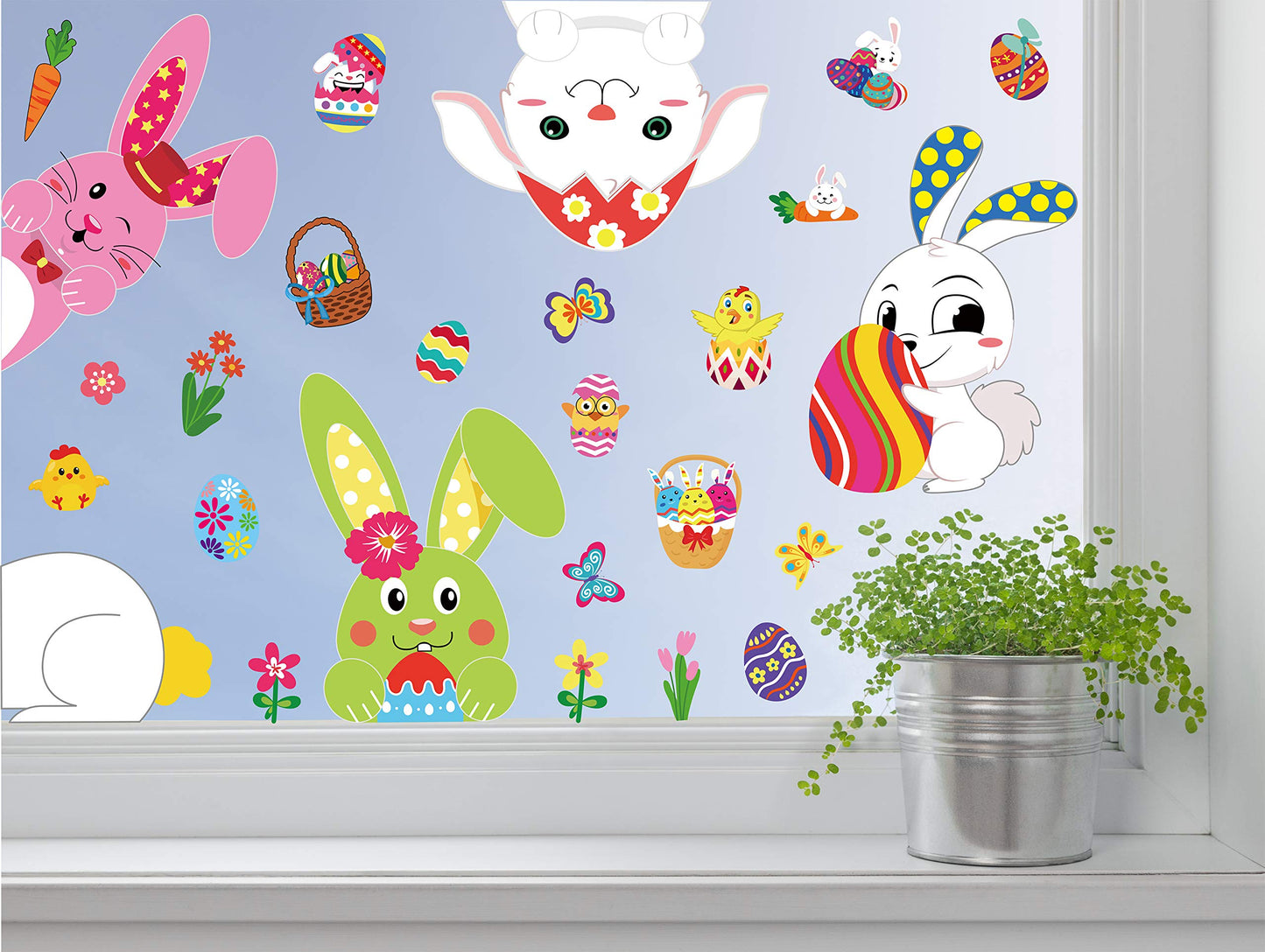 361PCS Easter Bunny Window Cling Decorations - Egg Hunt Games Decals Home Party Ornaments