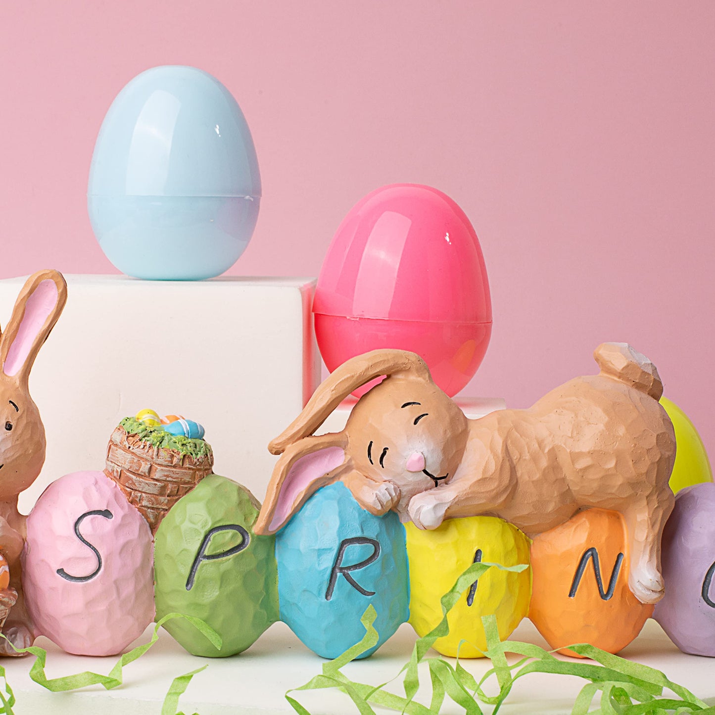 JOYIN Easter Bunny Resin Centerpiece Indoor Decoration with The Word Spring Tabletop & Egg Easter Figuring for Home and Office Decor