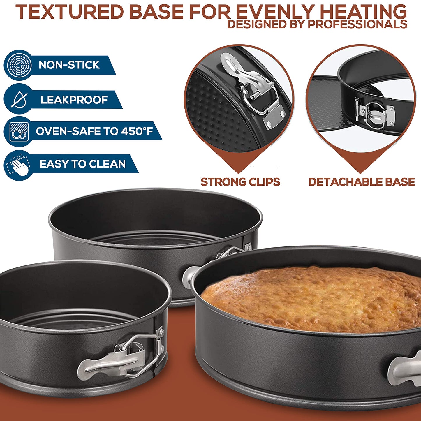 RFAQK 100PCs Cake Pan Sets for Baking + Cake Decorating Kit: 3 Non-Stick Springform Pans Set (4, 7, 9 inches), Piping Tips, Cake Leveler – Multi-functional Leak-Proof CheeseCake Pan & eBook