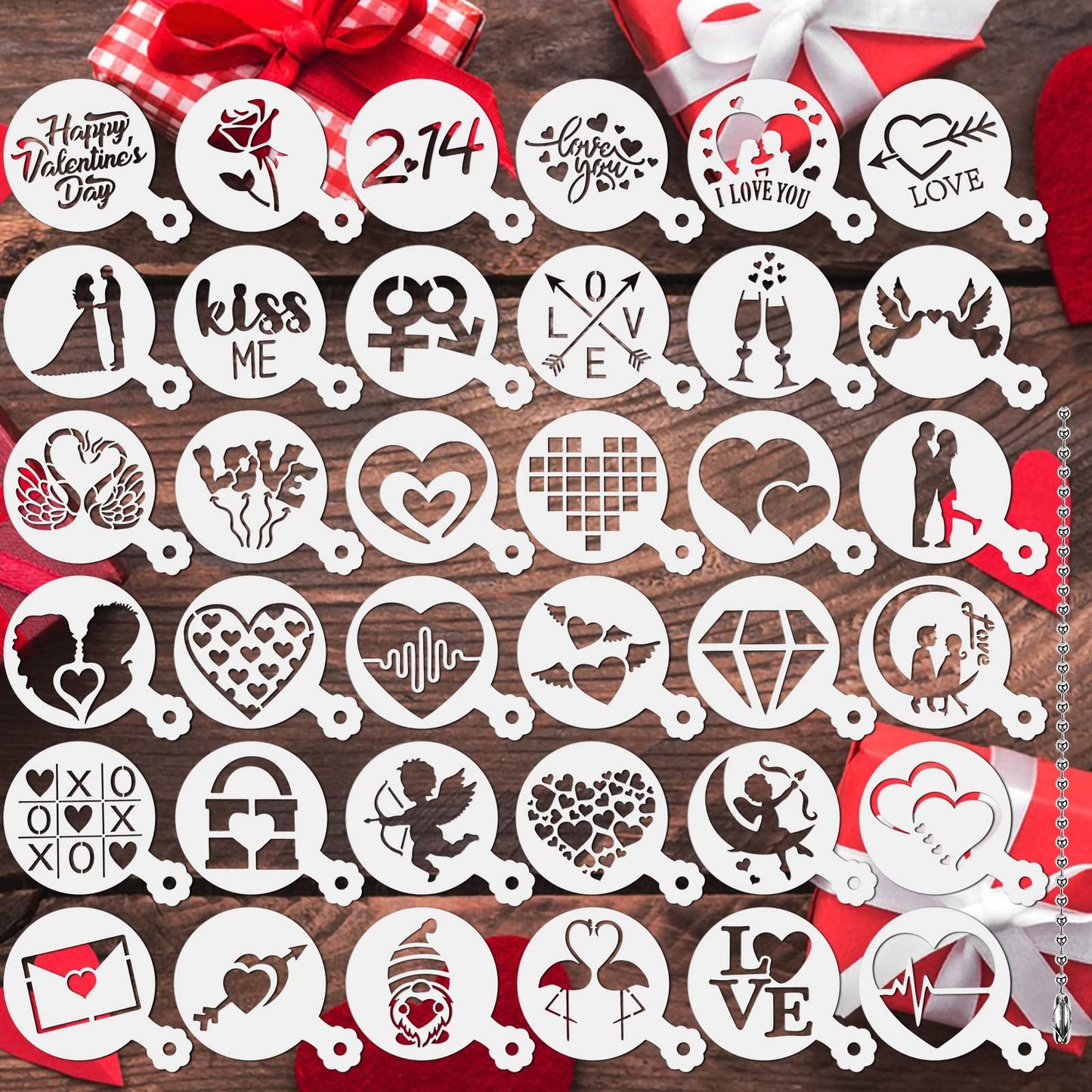 JULBEAR Valentine's Day Cookie Stencils, 36 Pieces Reusable Cookie Coffee Decorating Stencils Templates Mold Tools for Cookies Baking Painting Dessert Coffee Decoration DIY Valentines Party Decor