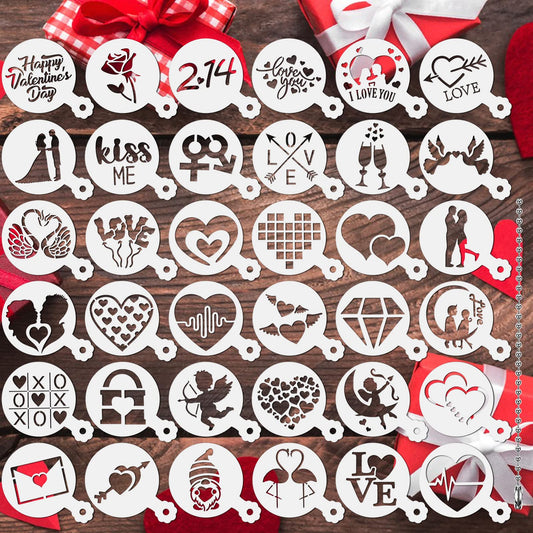 JULBEAR Valentine's Day Cookie Stencils, 36 Pieces Reusable Cookie Coffee Decorating Stencils Templates Mold Tools for Cookies Baking Painting Dessert Coffee Decoration DIY Valentines Party Decor