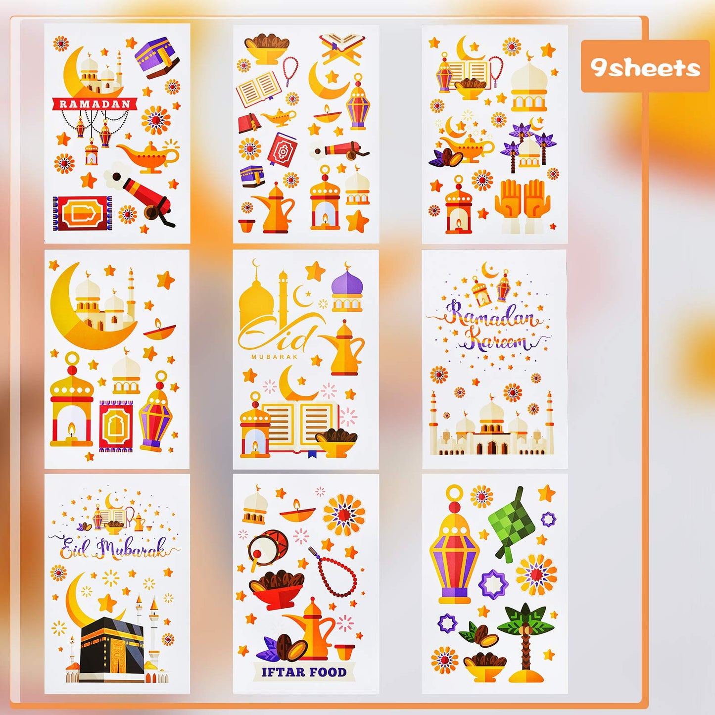 80 Pieces Ramadan Window Clings Eid Mubarak Window Stickers Static Ramadan Kareem Window Decals Removable Window Cling Decorations for Ramadan Mubarak Party Classroom Supply, 9 Sheets