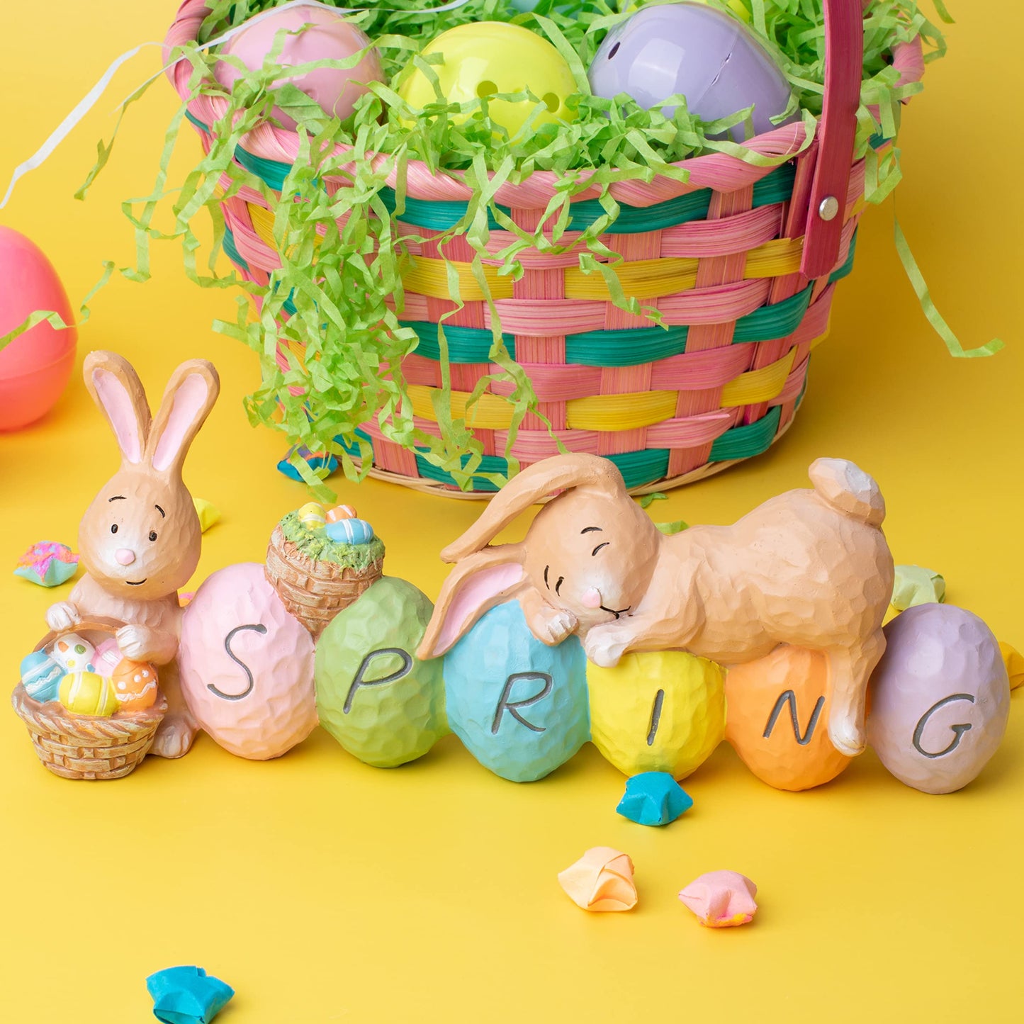 JOYIN Easter Bunny Resin Centerpiece Indoor Decoration with The Word Spring Tabletop & Egg Easter Figuring for Home and Office Decor