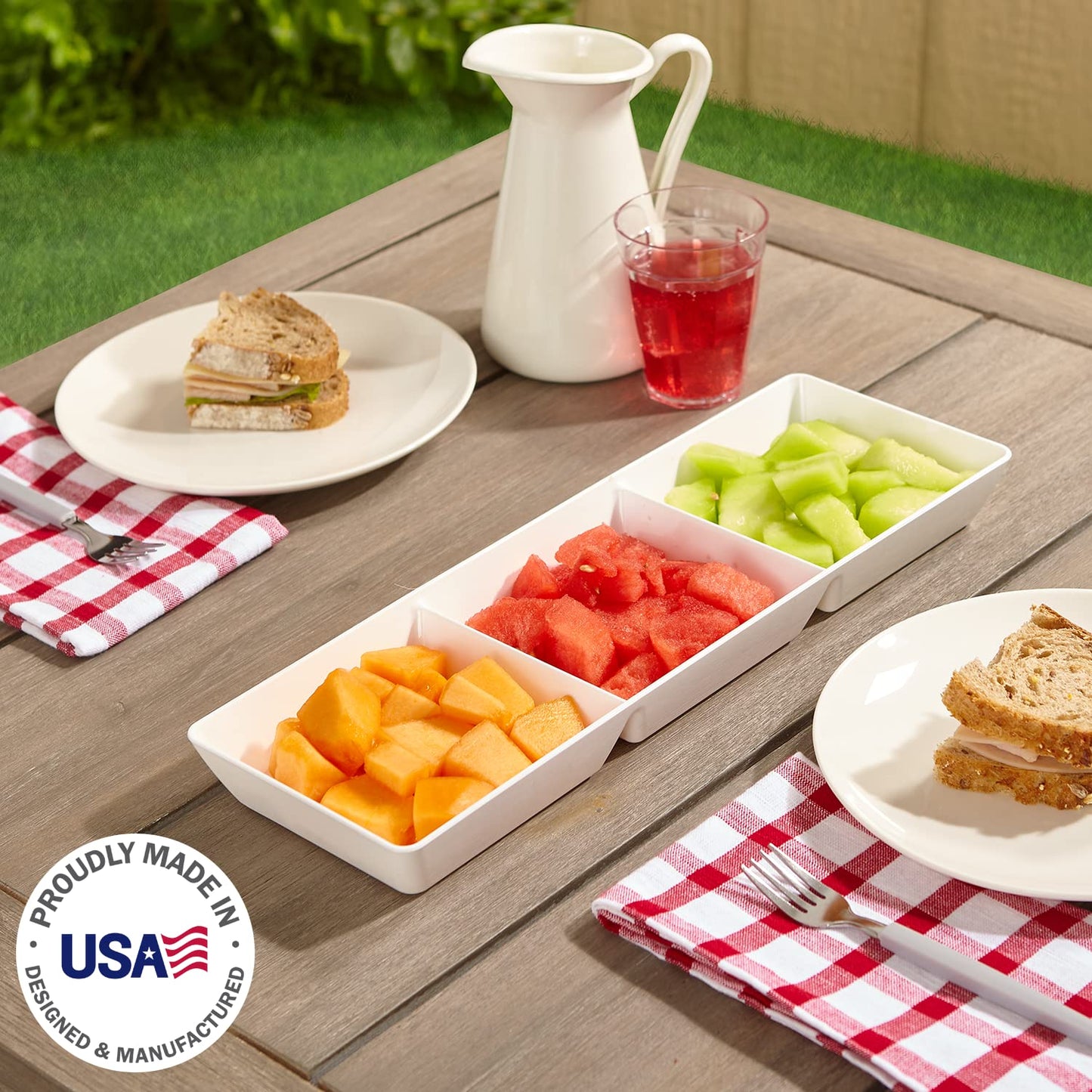 US Acrylic Avant White Plastic Divided Serving Trays (Set of 4) 15” x 5” | Narrow Reusable 3-Section Party Platters | Serve Appetizers, Fruit, Veggies, & Desserts | BPA-Free & Made in USA
